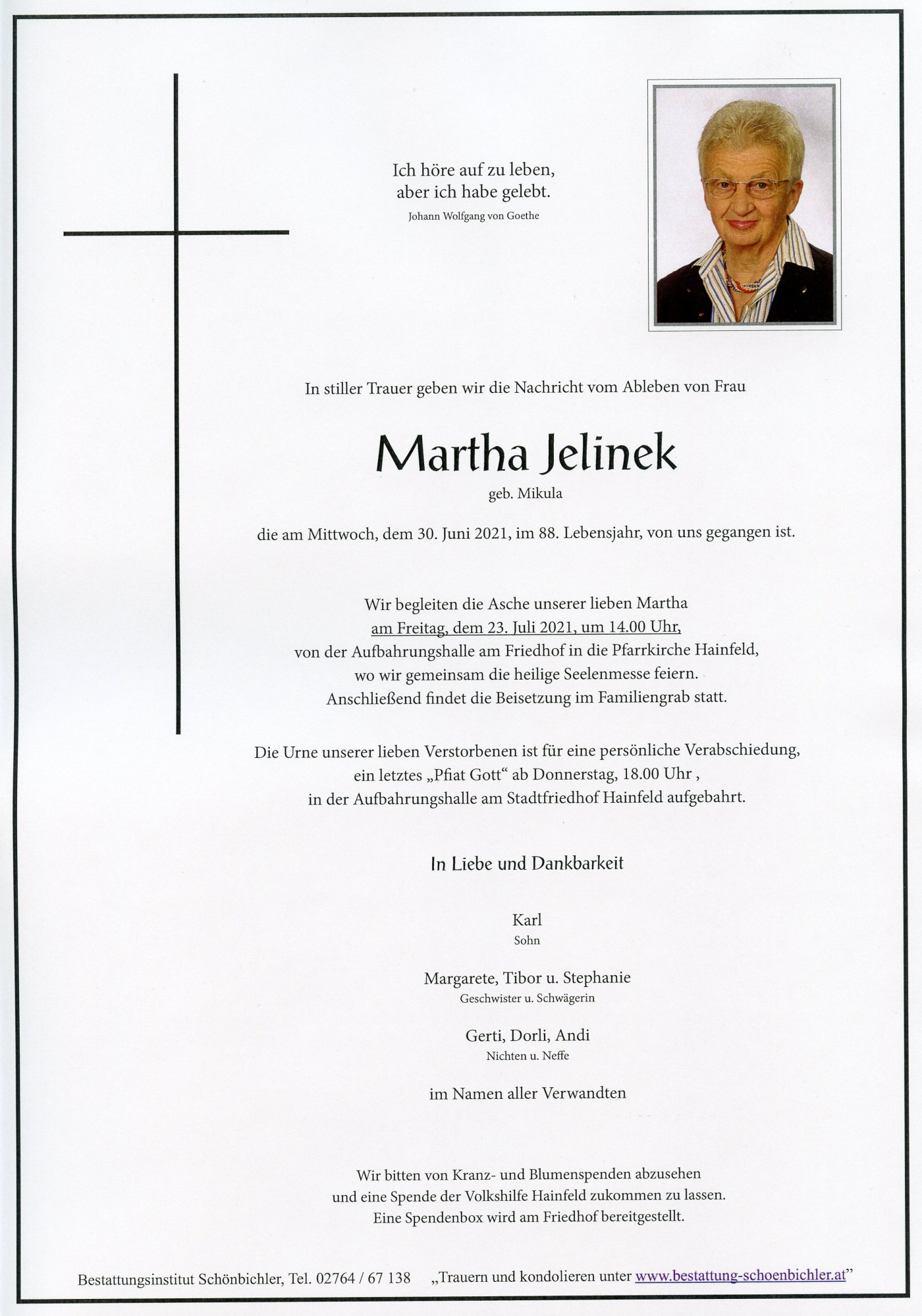 Traueranzeige von Martha Jelinek