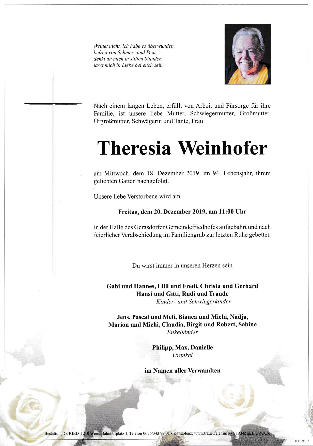 Traueranzeige von Theresia Weinhofer