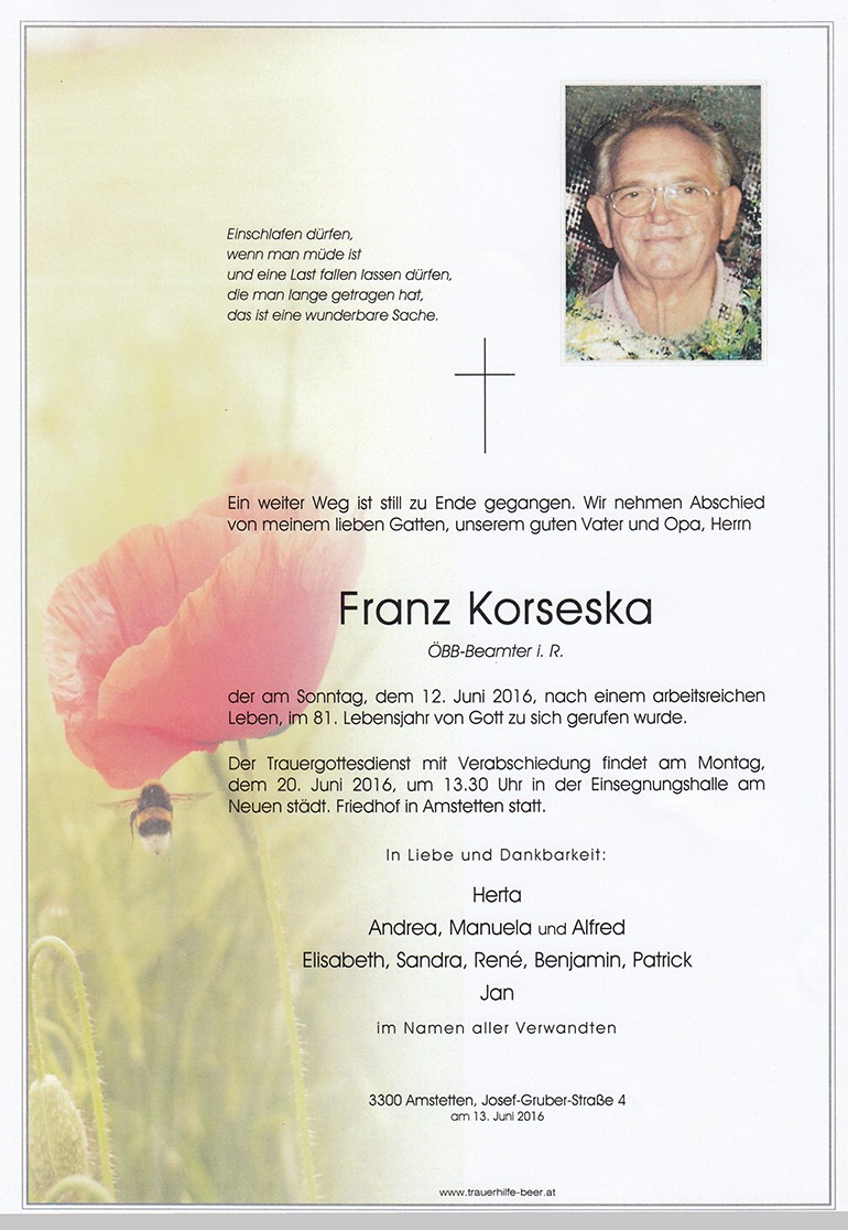 Traueranzeige von Franz Korseska