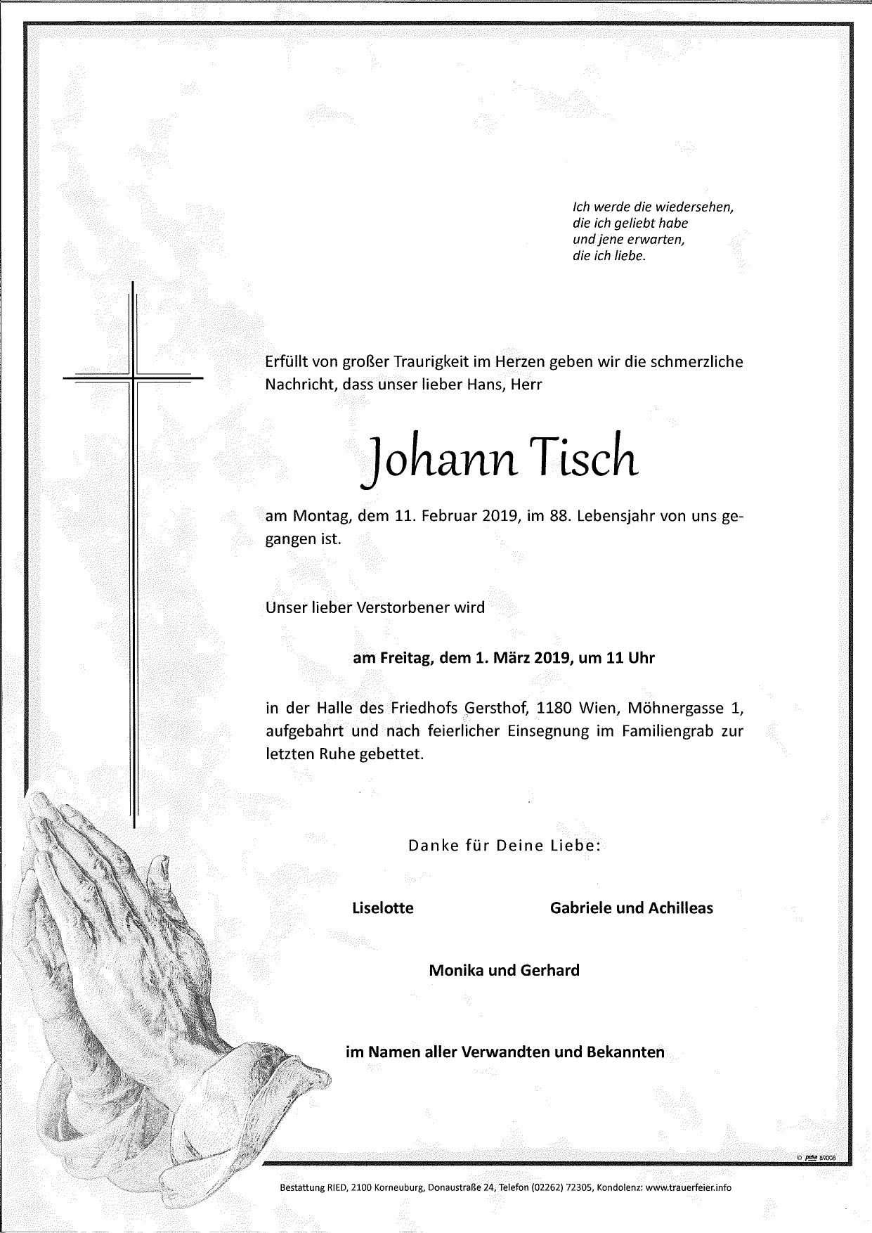 Traueranzeige von Johann Tisch