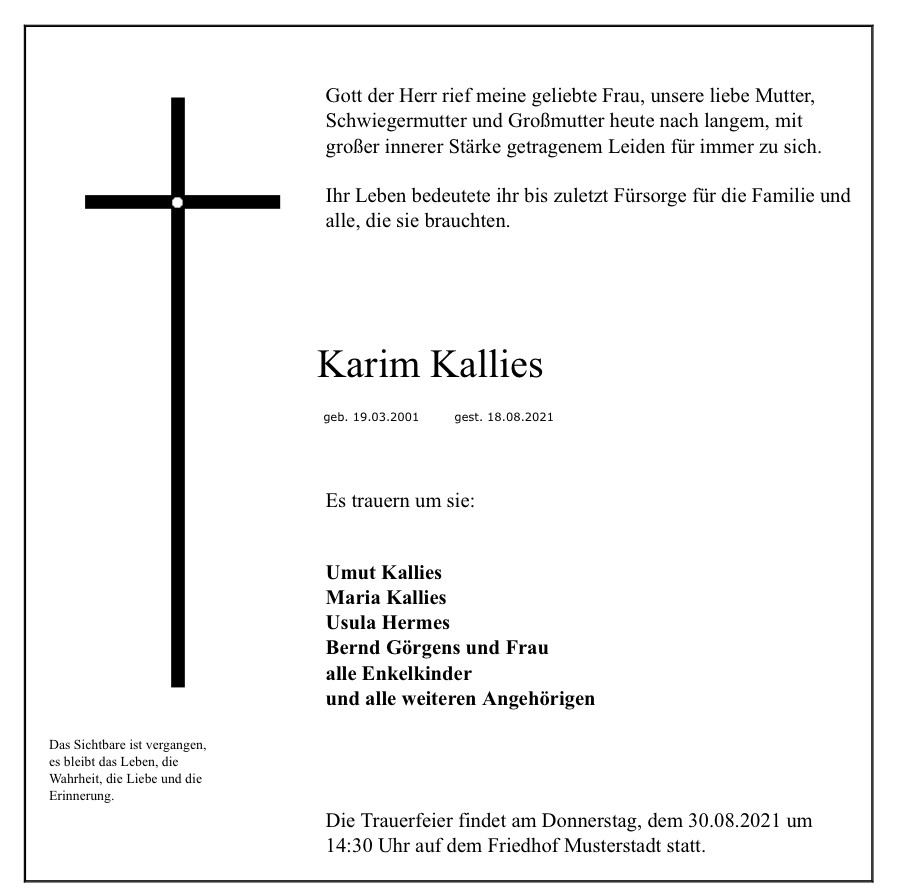 Traueranzeige von Karim Kallies