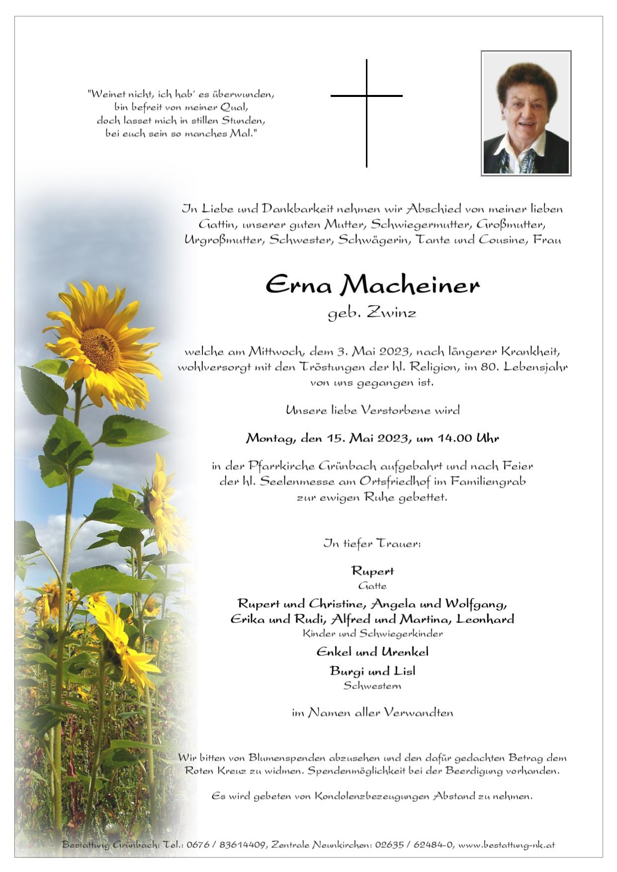Traueranzeige von Erna Macheiner