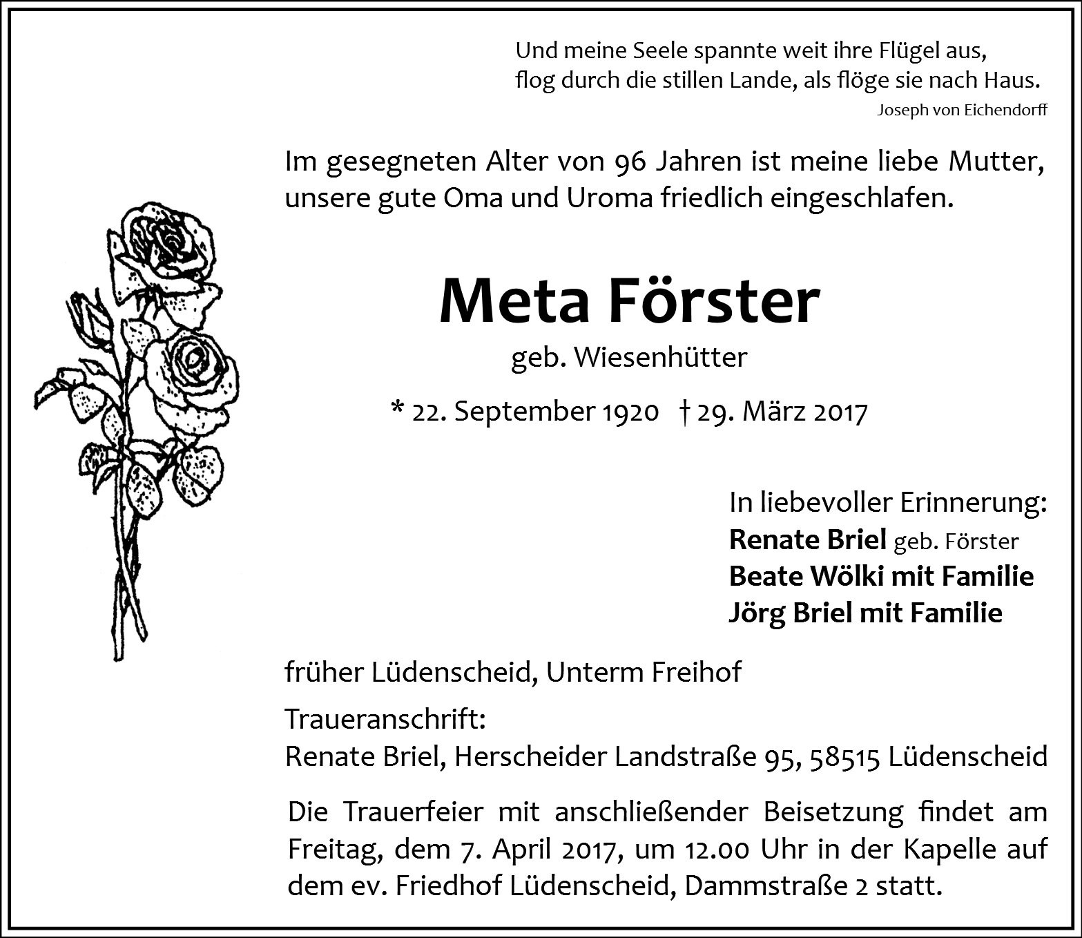 Traueranzeige von Meta Förster