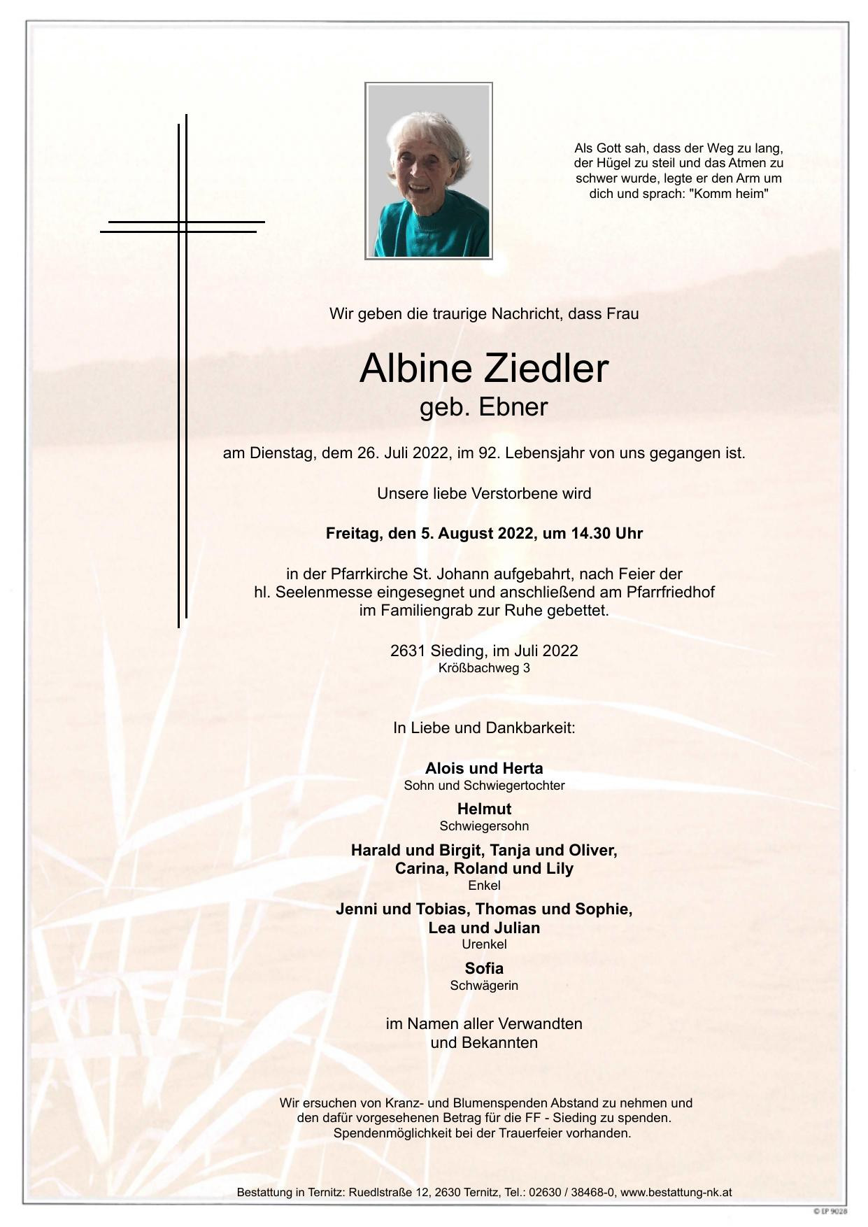 Traueranzeige von Albine Ziedler