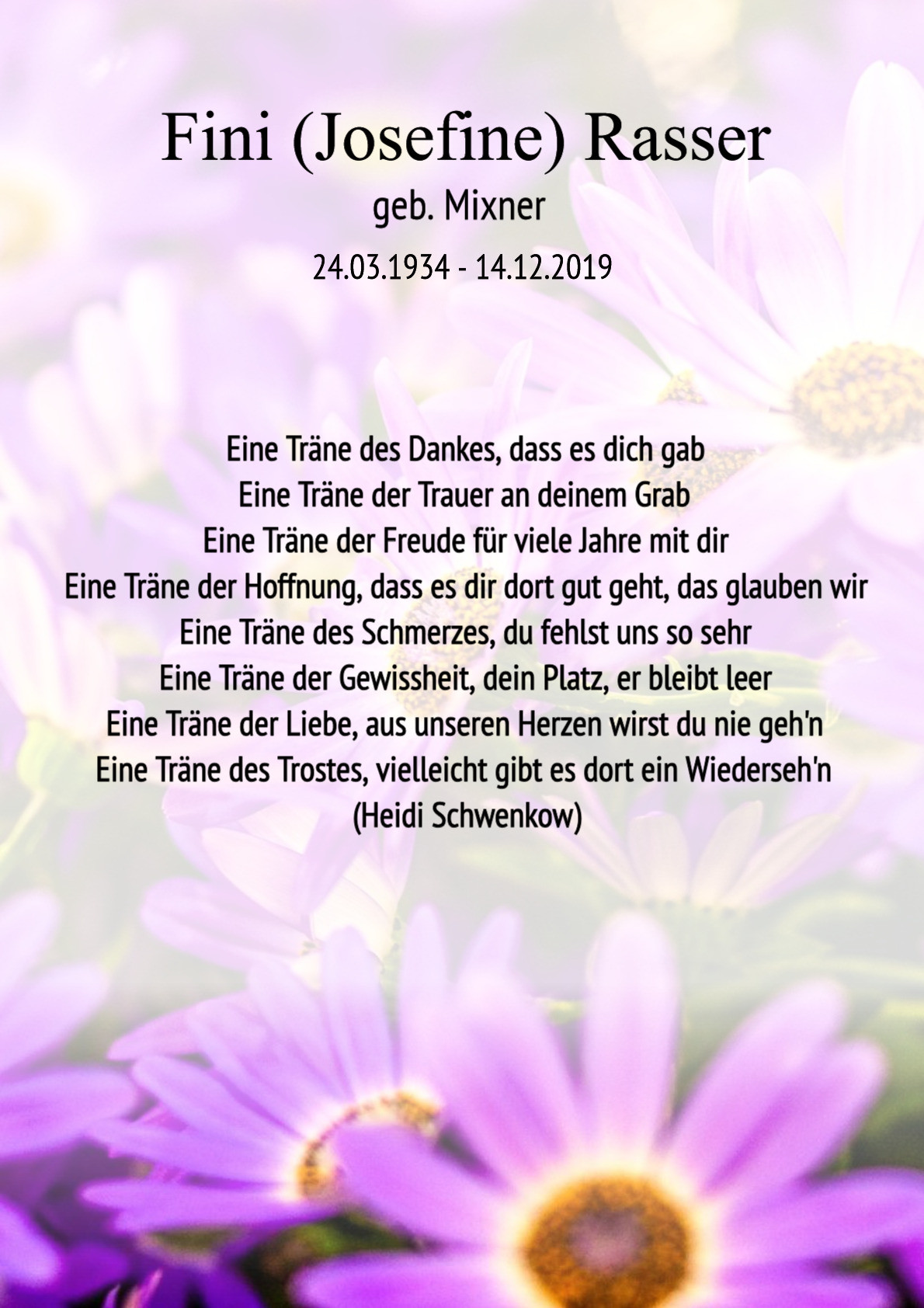 Traueranzeige von Fini (Josefine) Rasser