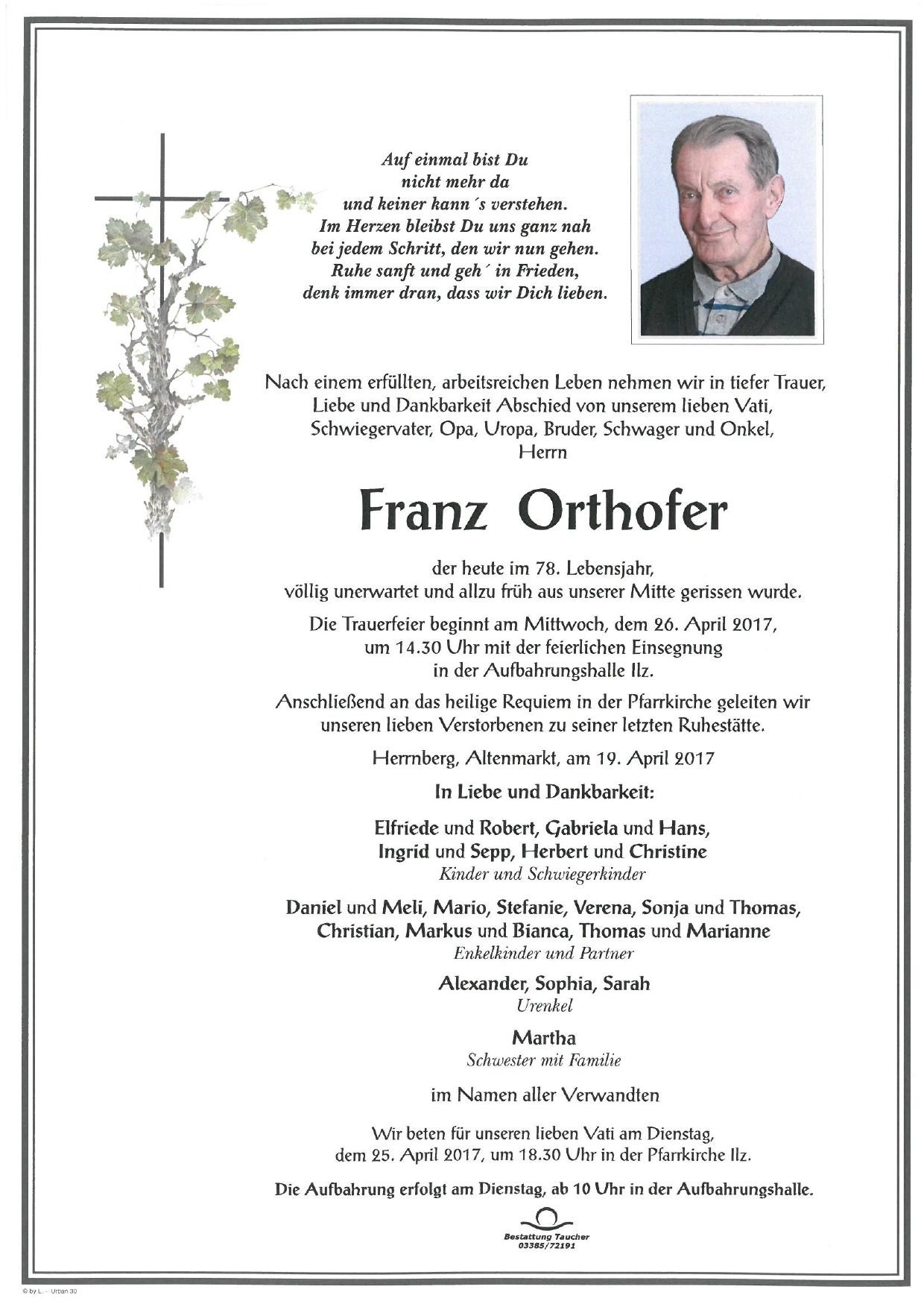 Traueranzeige von Franz Orthofer