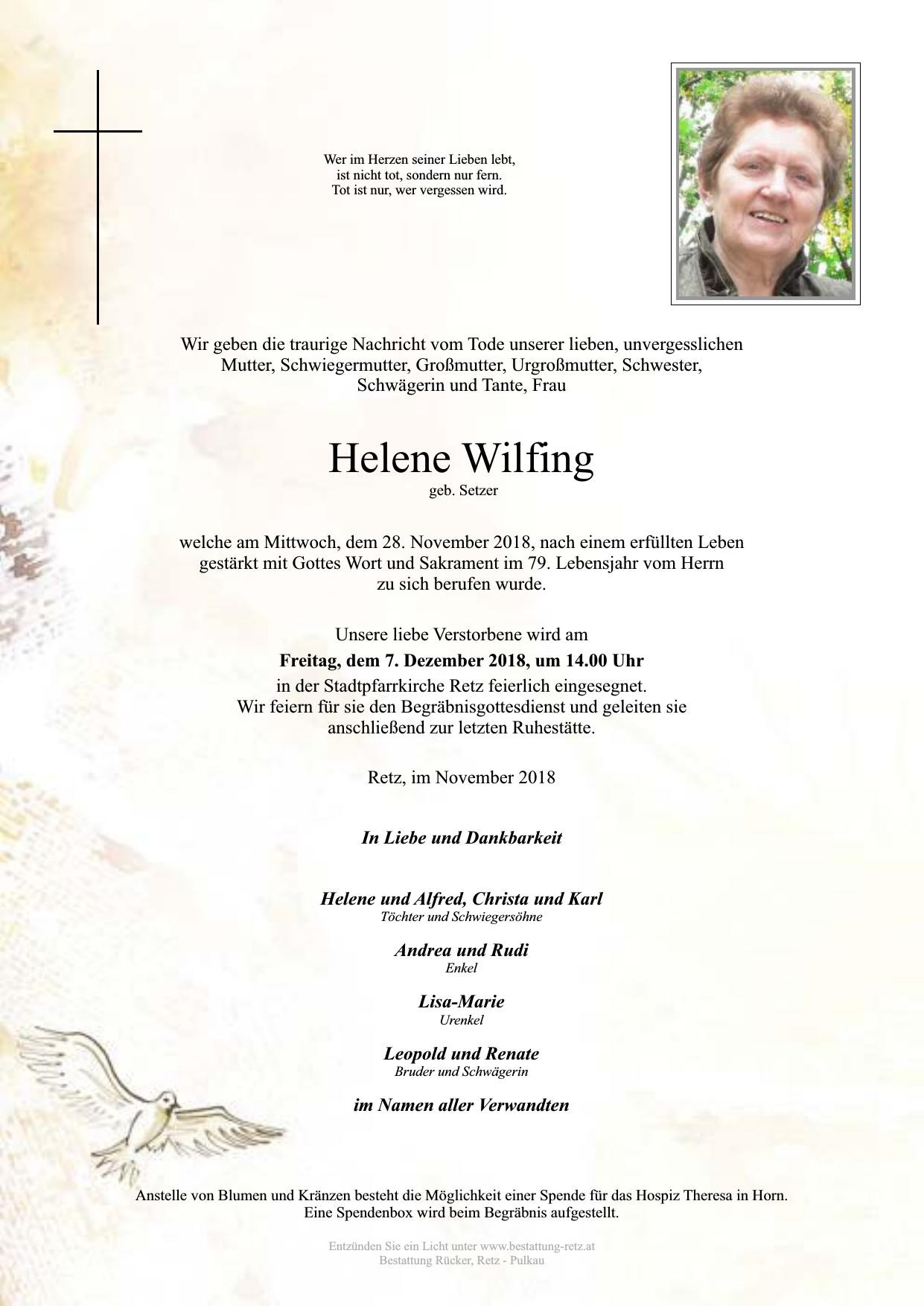 Traueranzeige von Helene Wilfing
