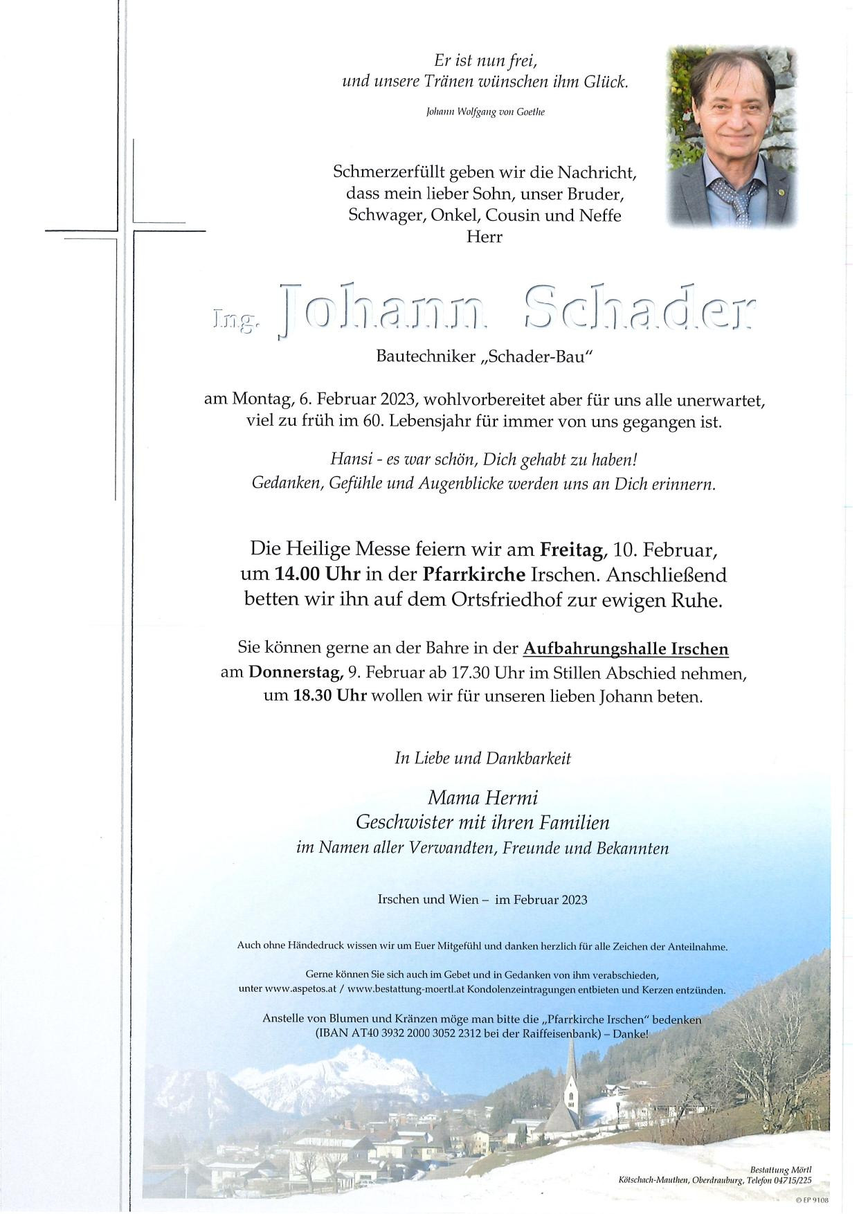 Traueranzeige von Ing. Johann Schader