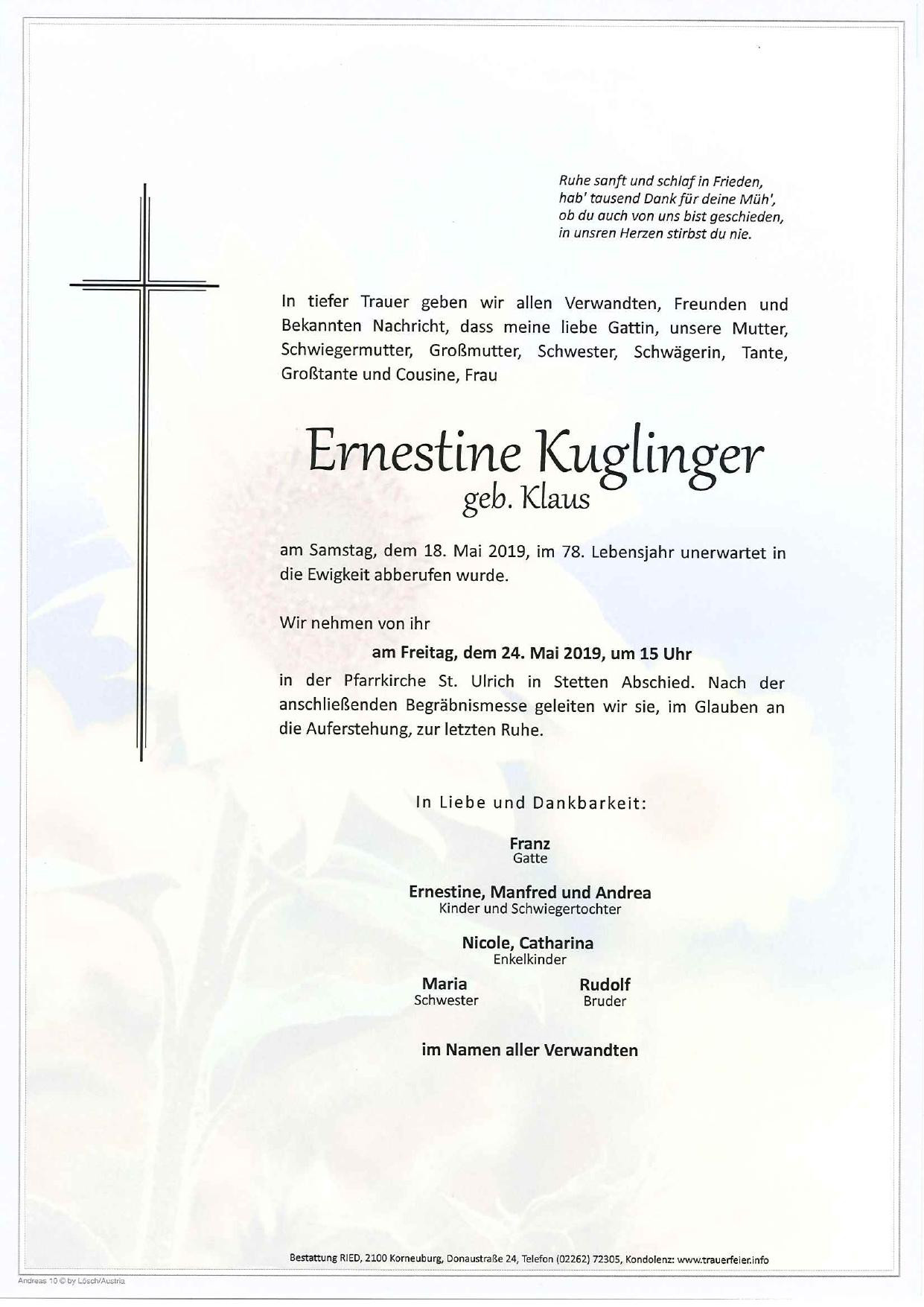 Traueranzeige von Ernestine Kuglinger