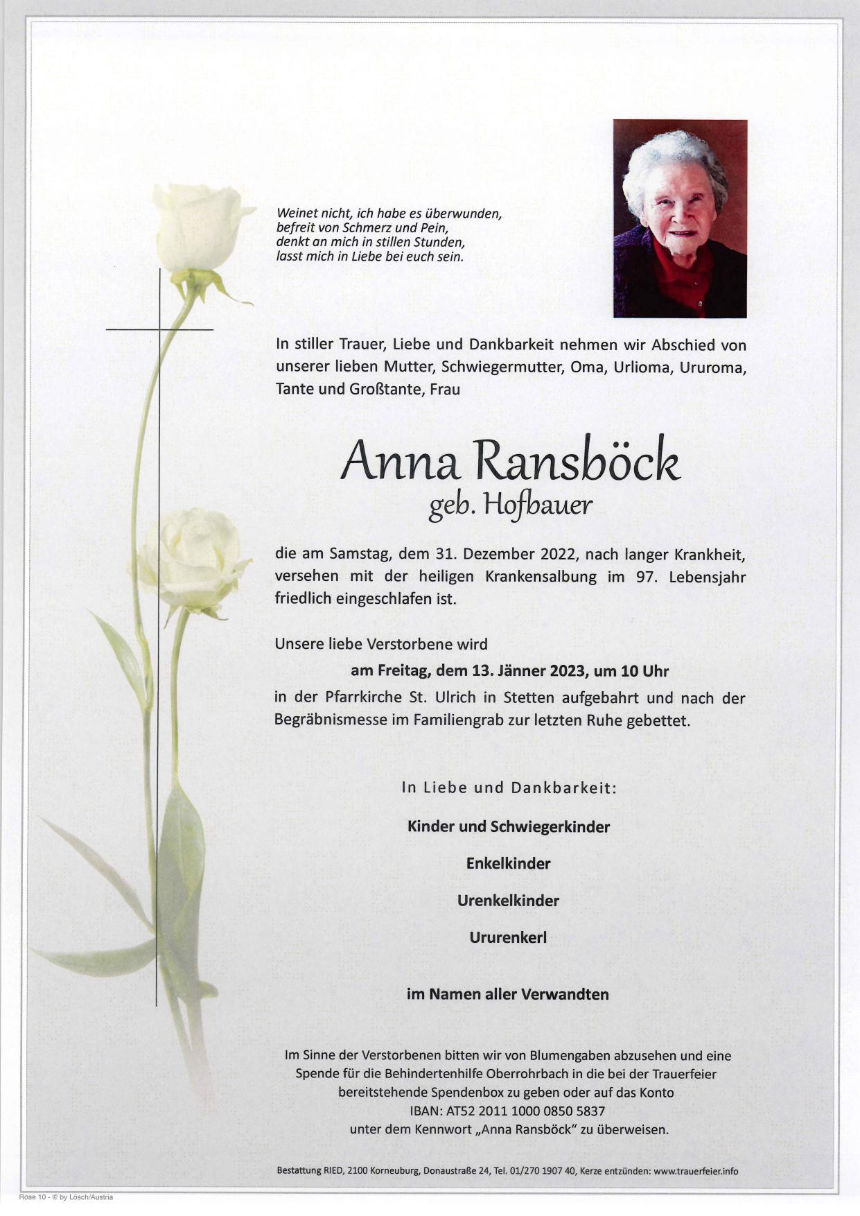 Traueranzeige von Anna Ransböck
