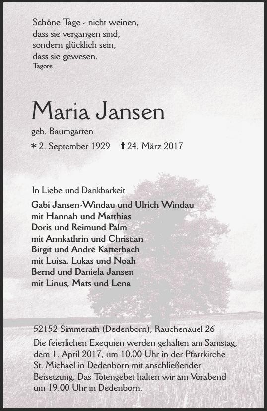 Traueranzeige von Maria Jansen