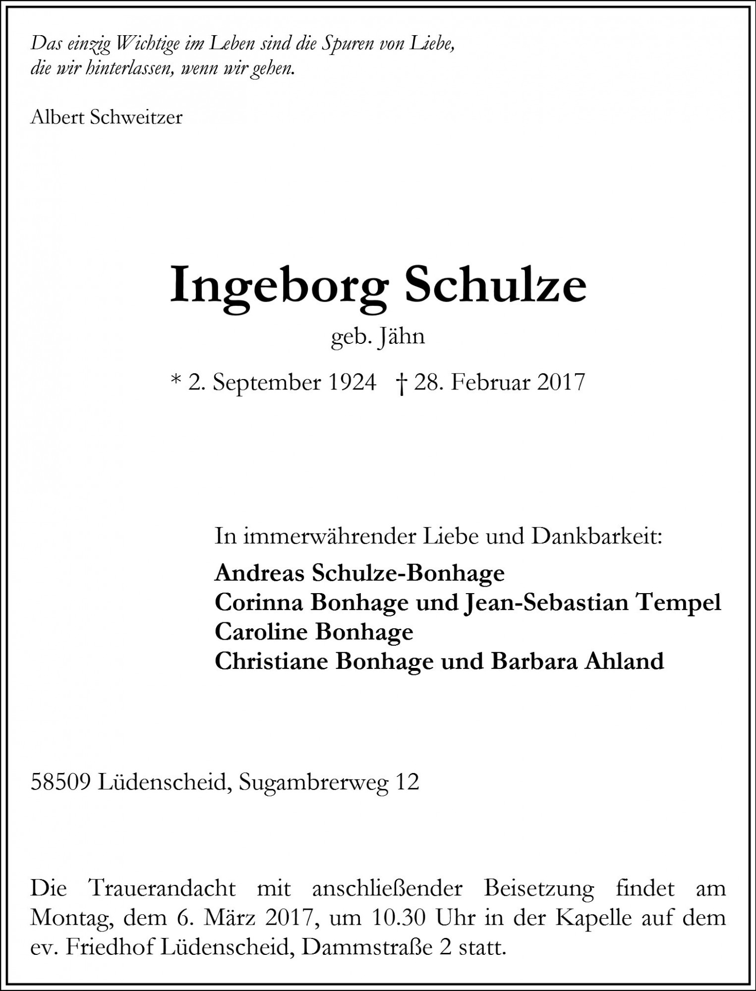 Traueranzeige von Ingeborg Schulze