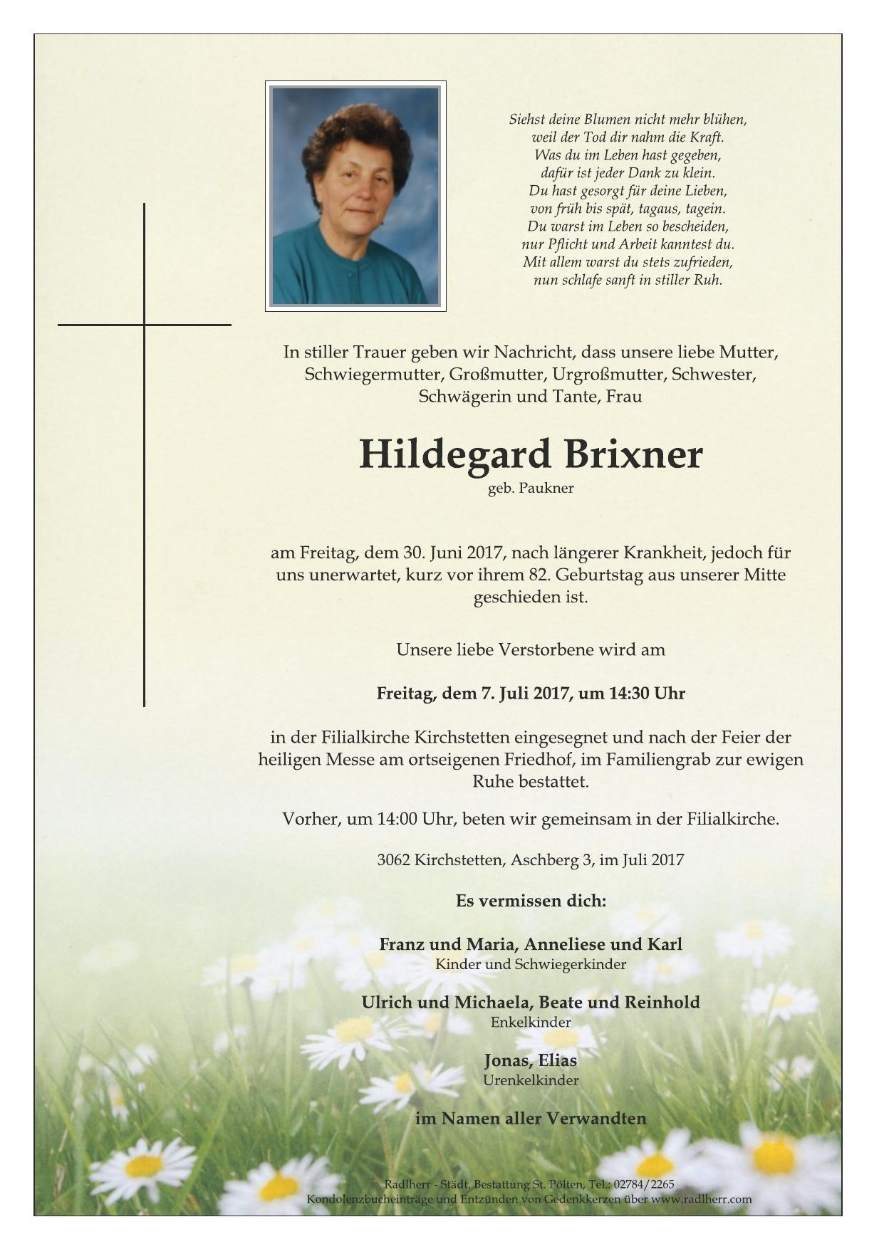 Traueranzeige von Hildegard Brixner