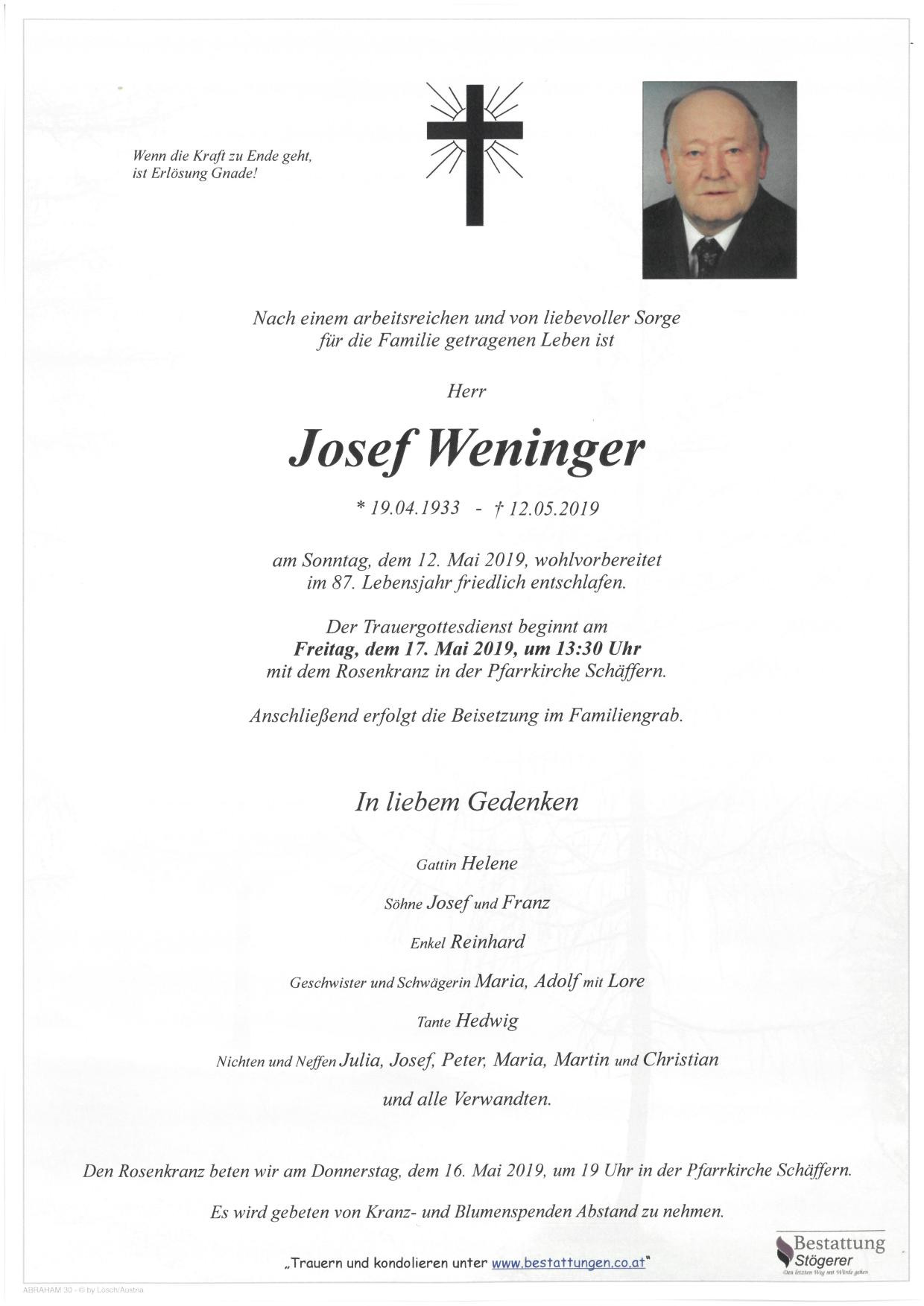 Traueranzeige von Josef Weninger