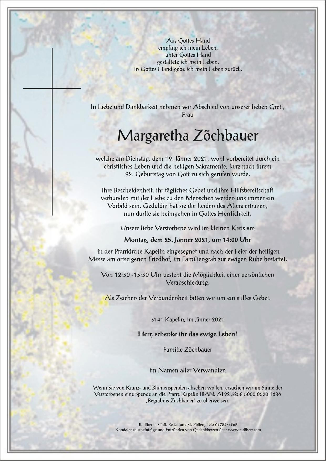 Traueranzeige von Margaretha Josefa Zöchbauer