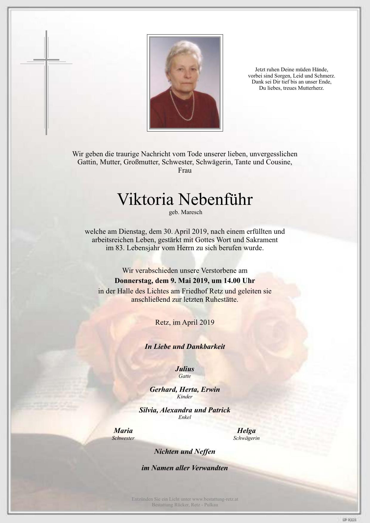 Traueranzeige von Viktoria Nebenführ