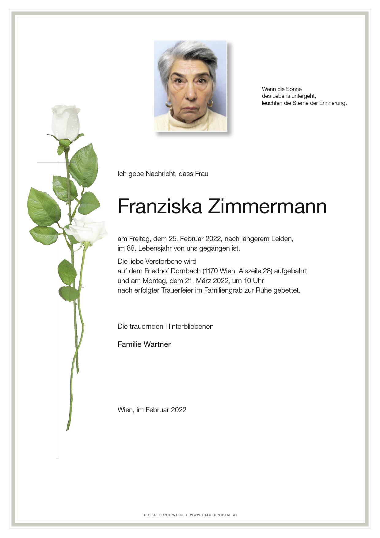 Traueranzeige von Franziska Zimmermann