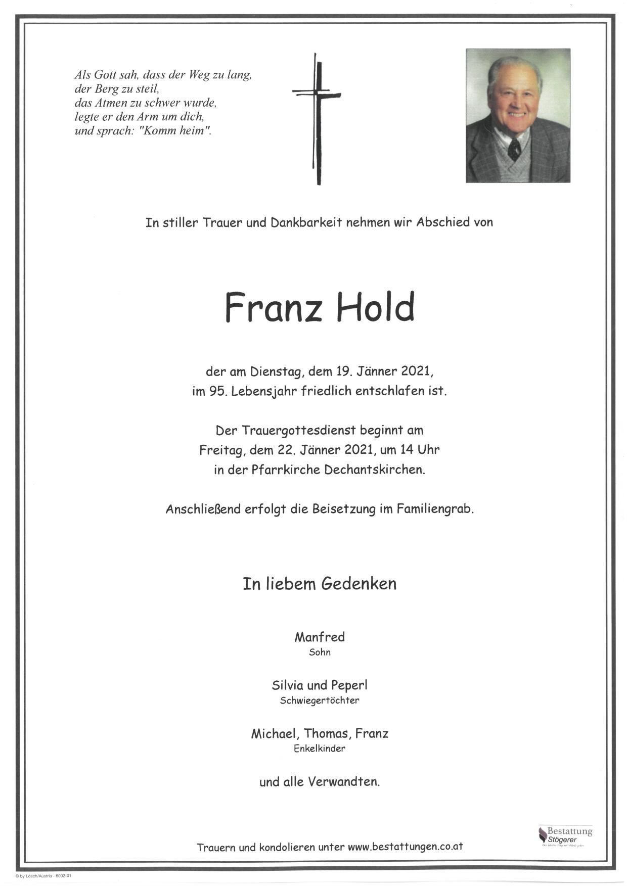 Traueranzeige von Franz Hold
