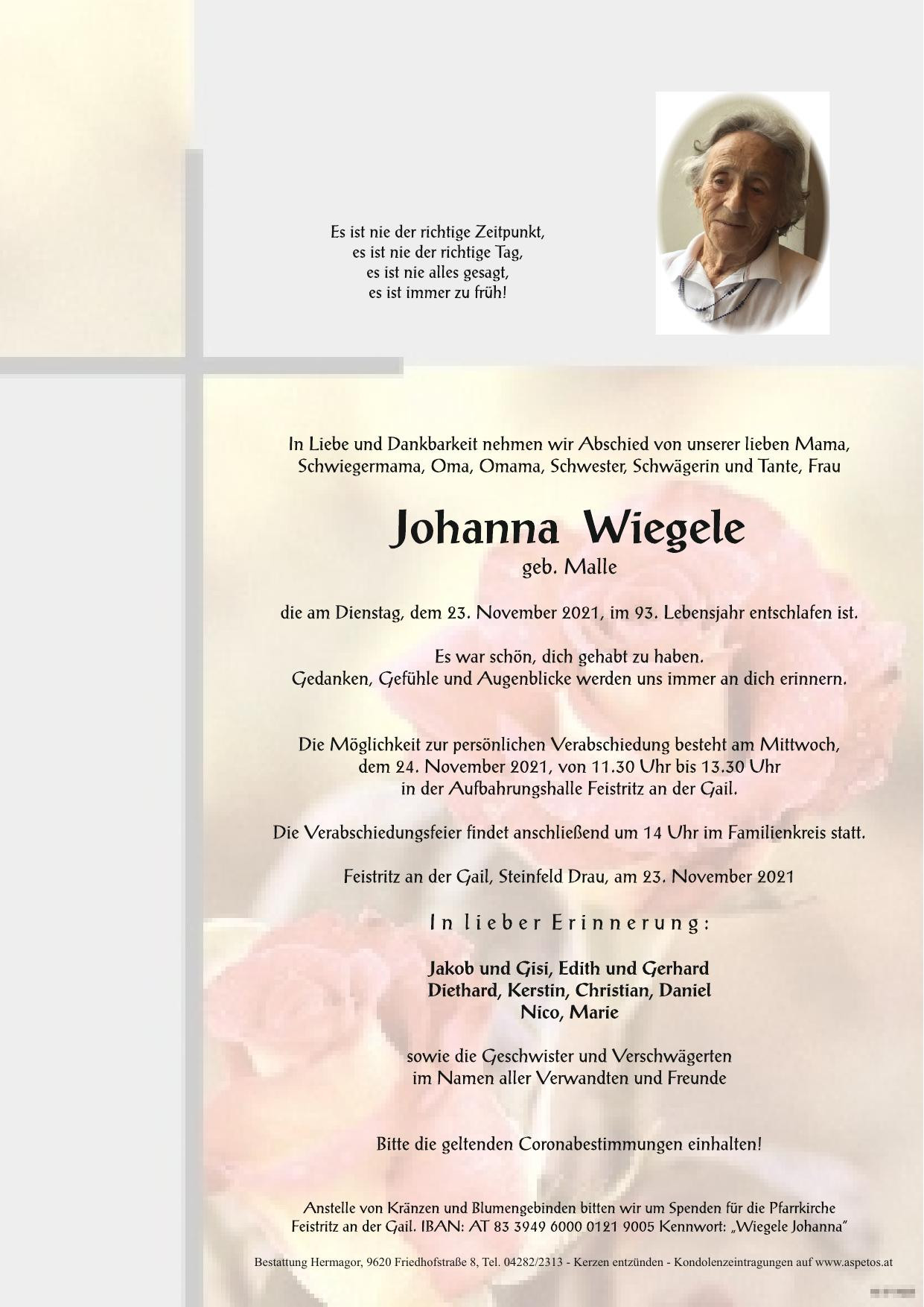 Traueranzeige von Johanna Wiegele
