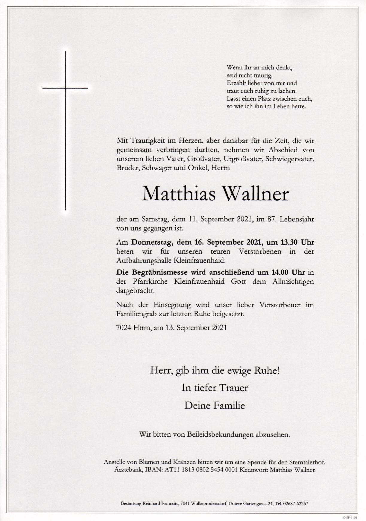 Traueranzeige von Matthias Wallner