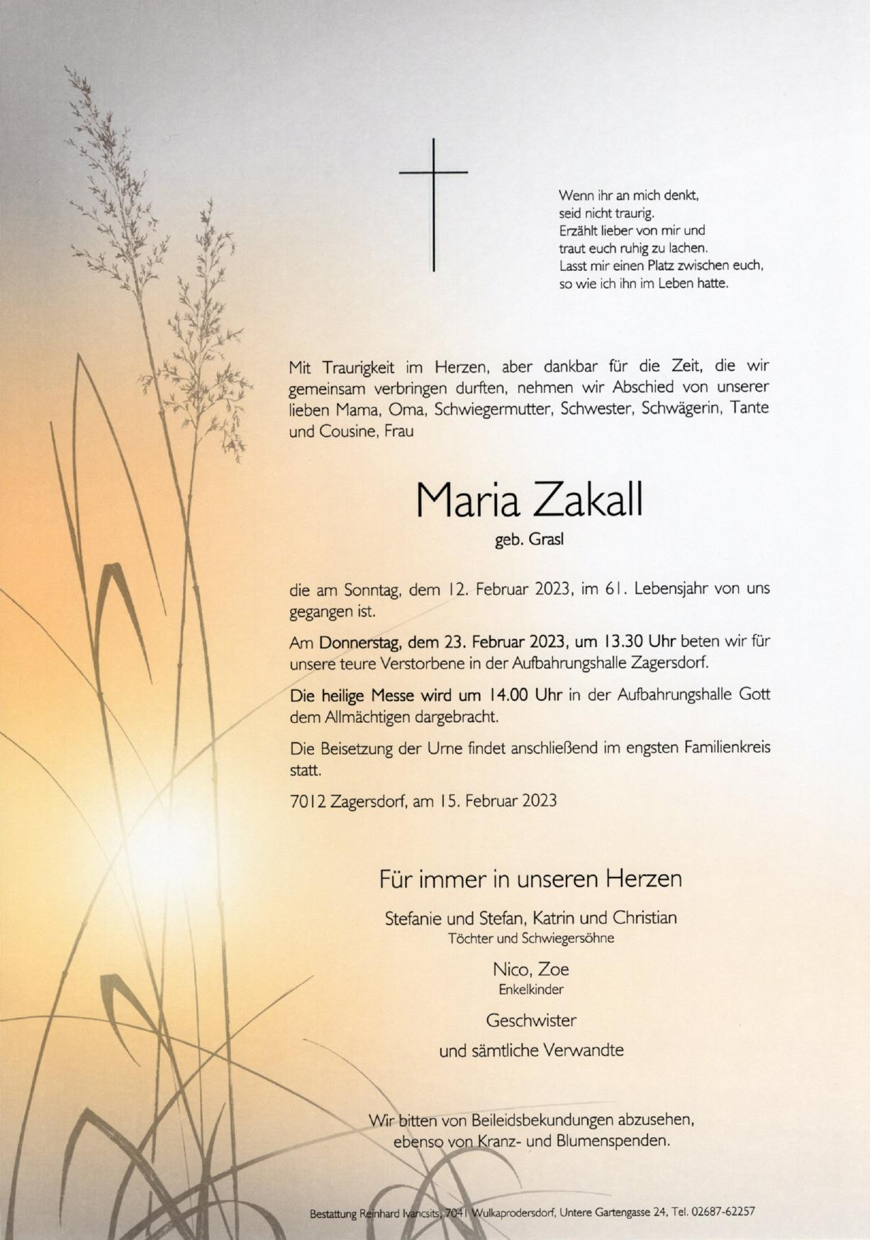 Traueranzeige von Maria Zakall