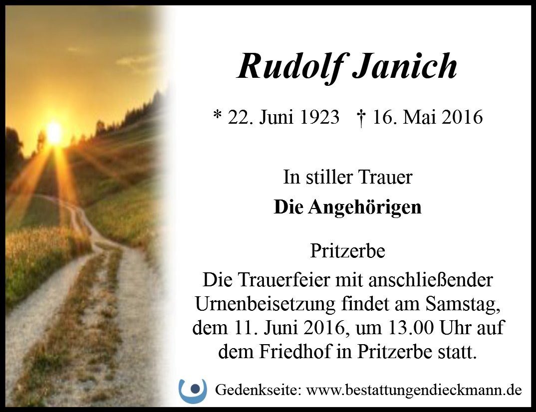 Traueranzeige von Rudolf Josef Janich