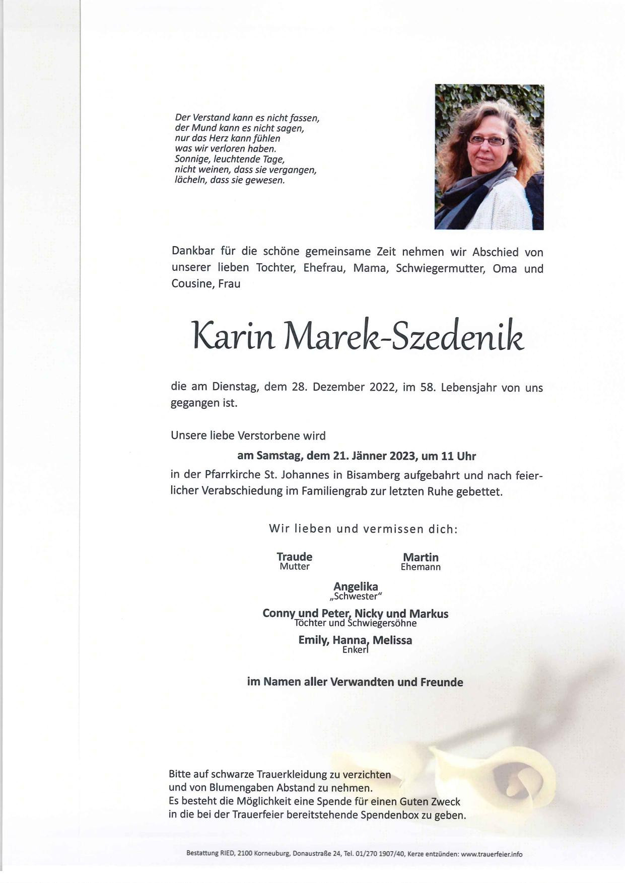 Traueranzeige von Karin Marek-Szedenik