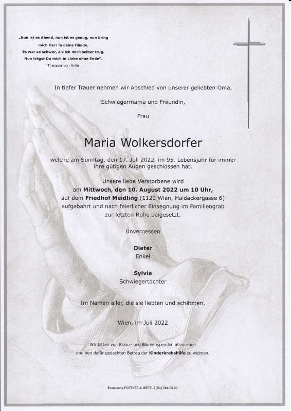 Traueranzeige von Maria Wolkersdorfer