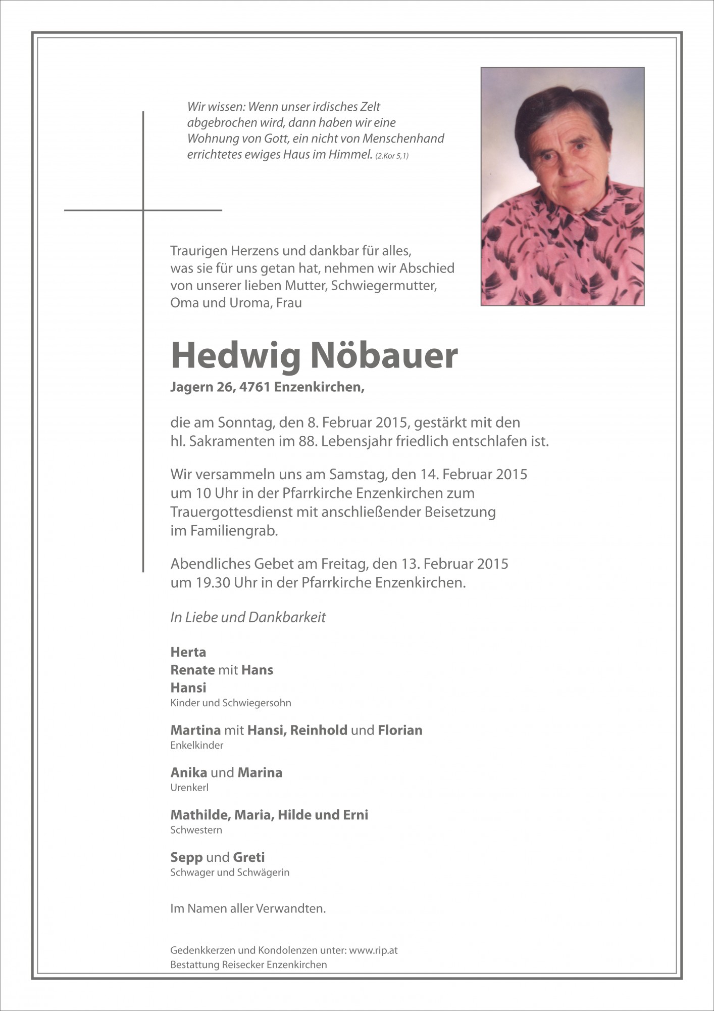 Traueranzeige von Hedwig Nöbauer