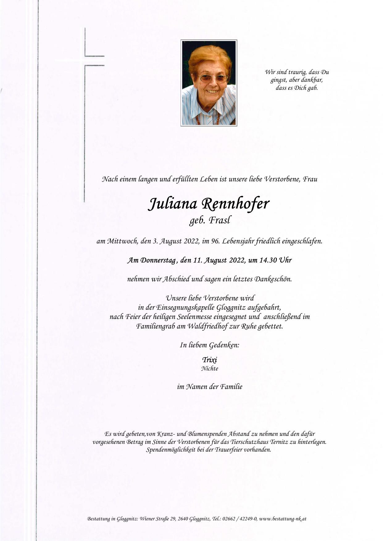 Traueranzeige von Juliana Rennhofer