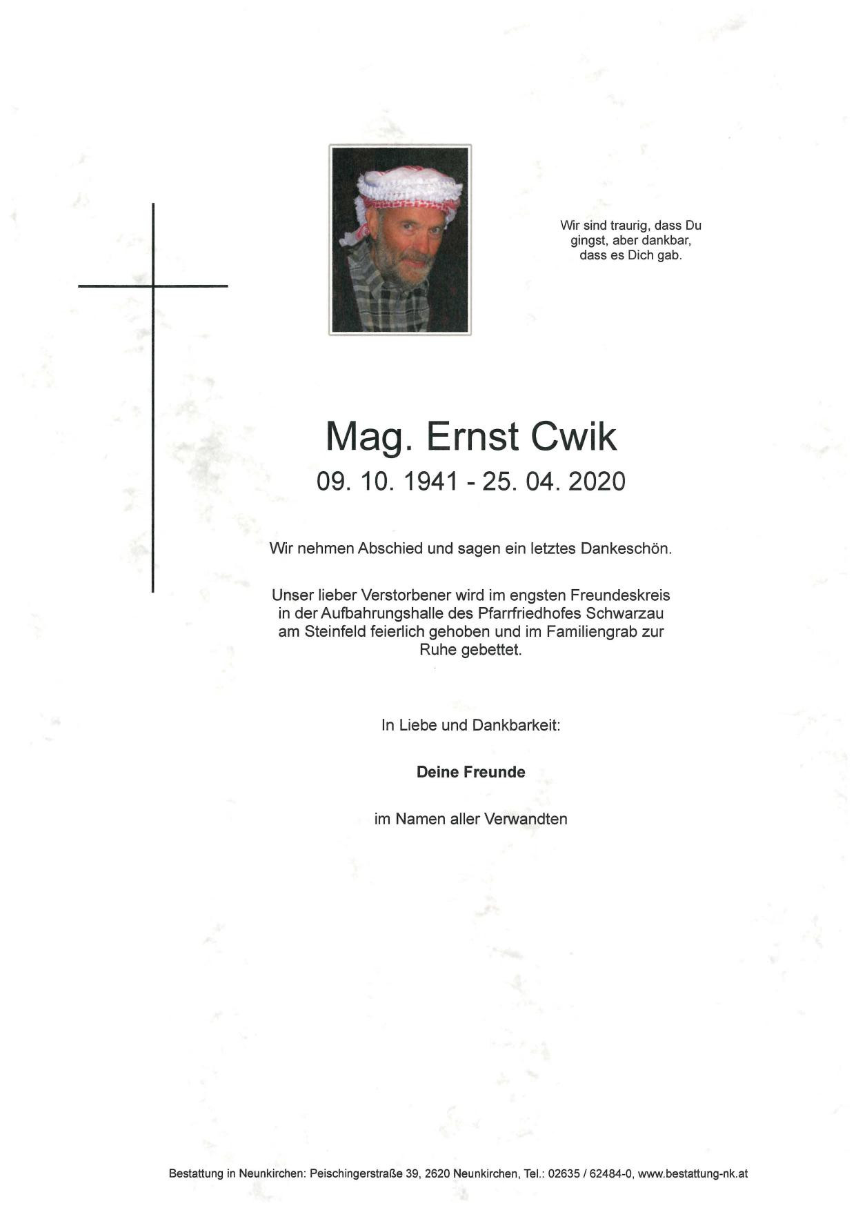 Traueranzeige von Mag. Ernst Cwik