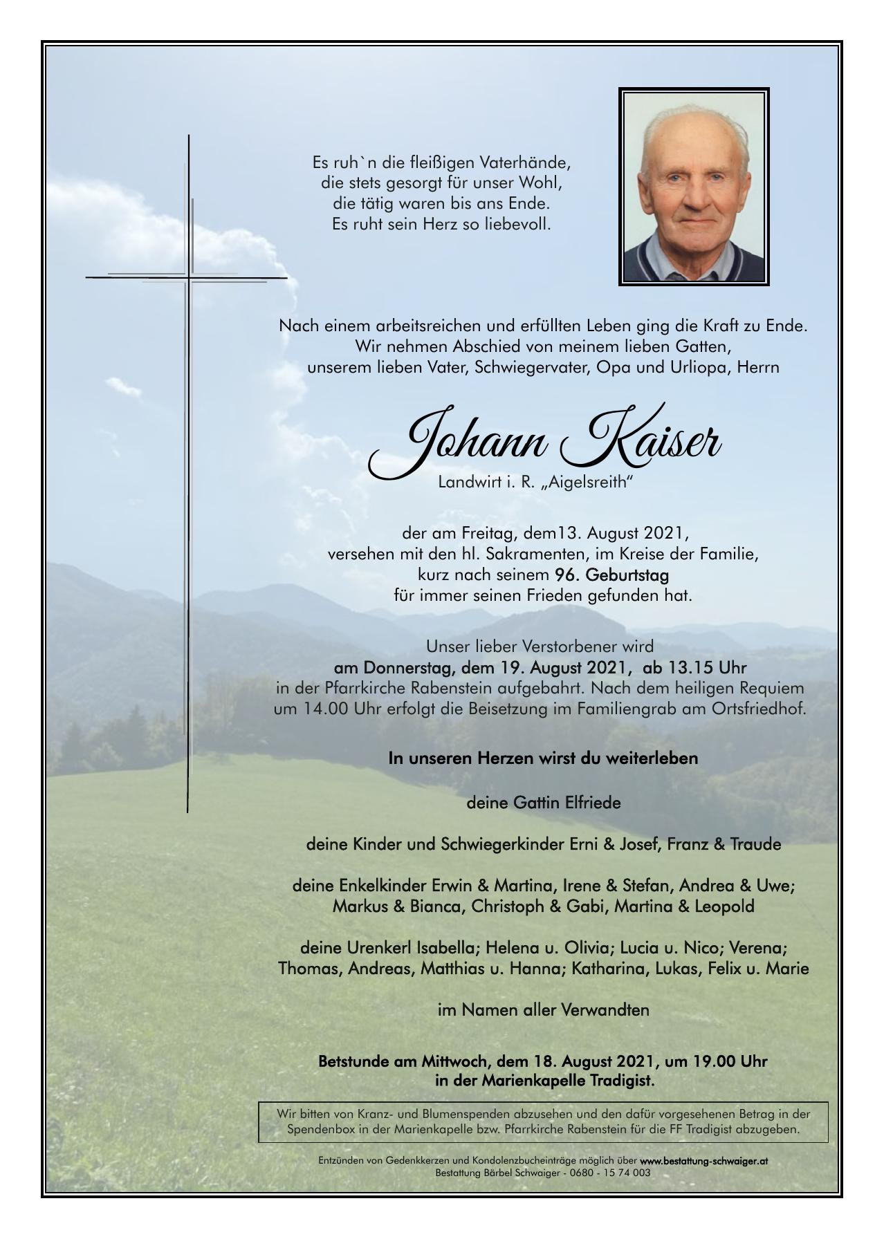 Traueranzeige von Johann Kaiser