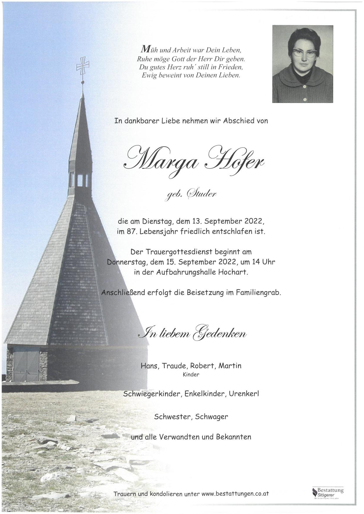 Traueranzeige von Marga Hofer