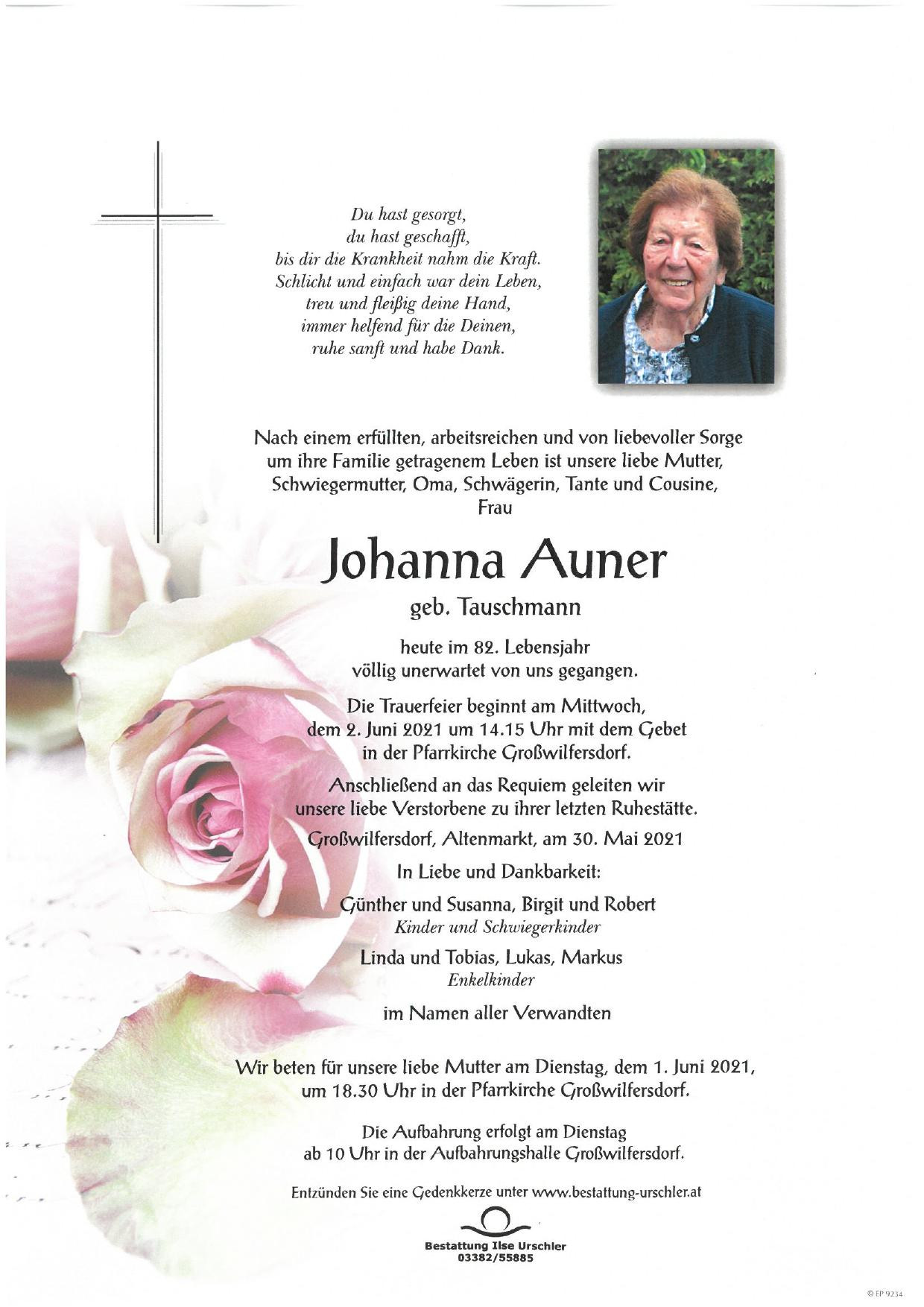 Traueranzeige von Johanna Auner