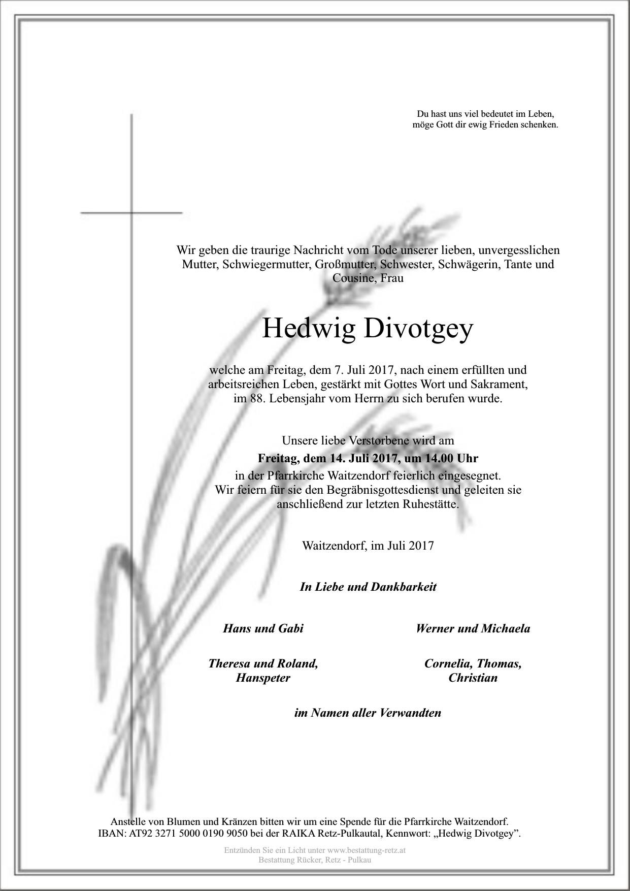 Traueranzeige von Hedwig Divotgey