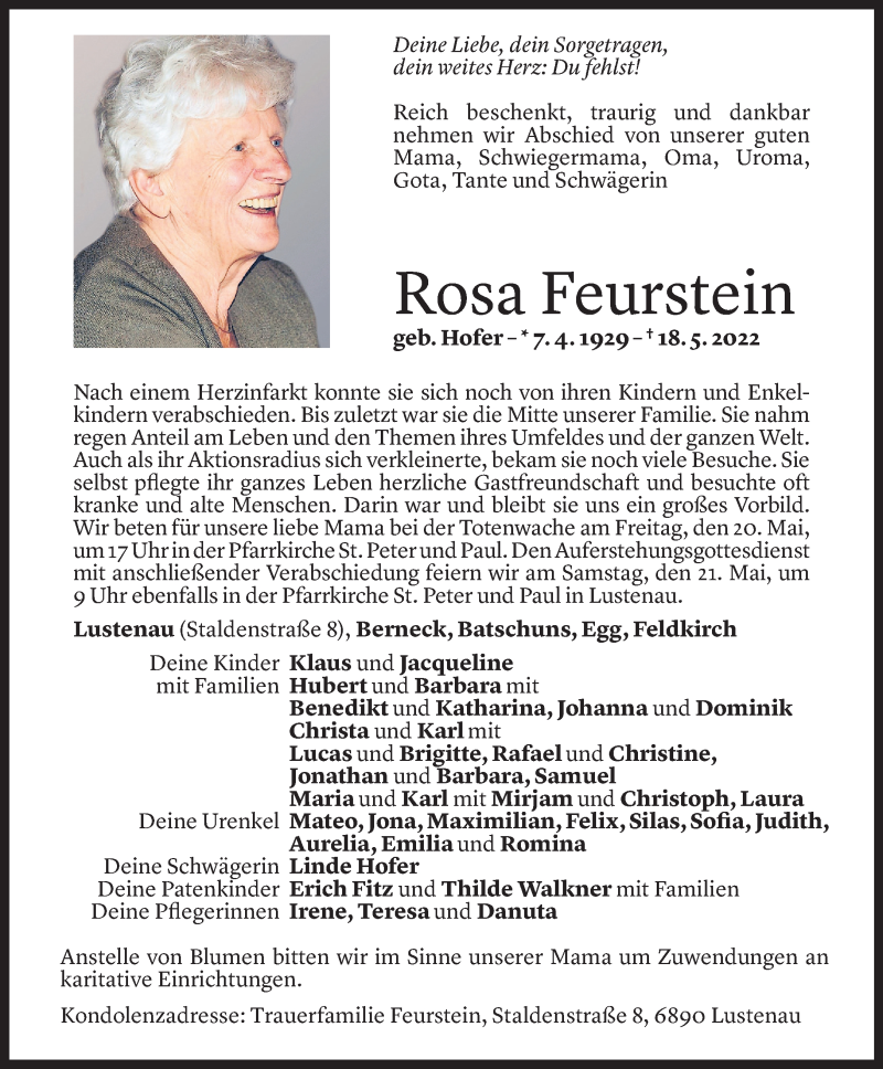 Traueranzeige von Rosa Feurstein