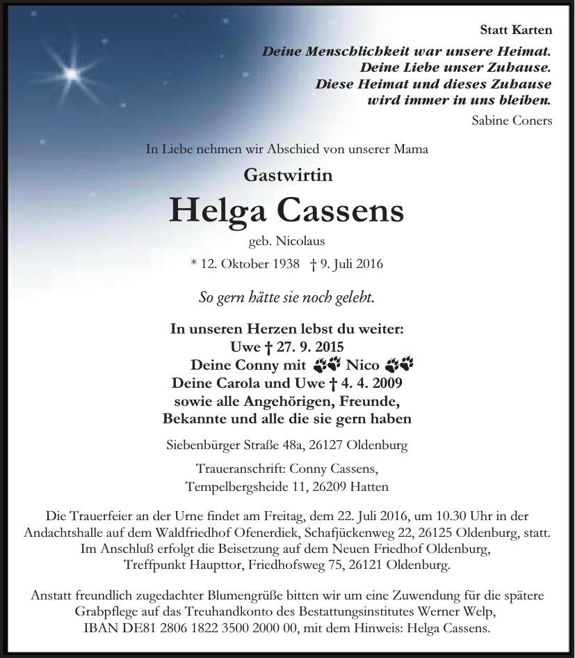 Traueranzeige von Helga Cassens
