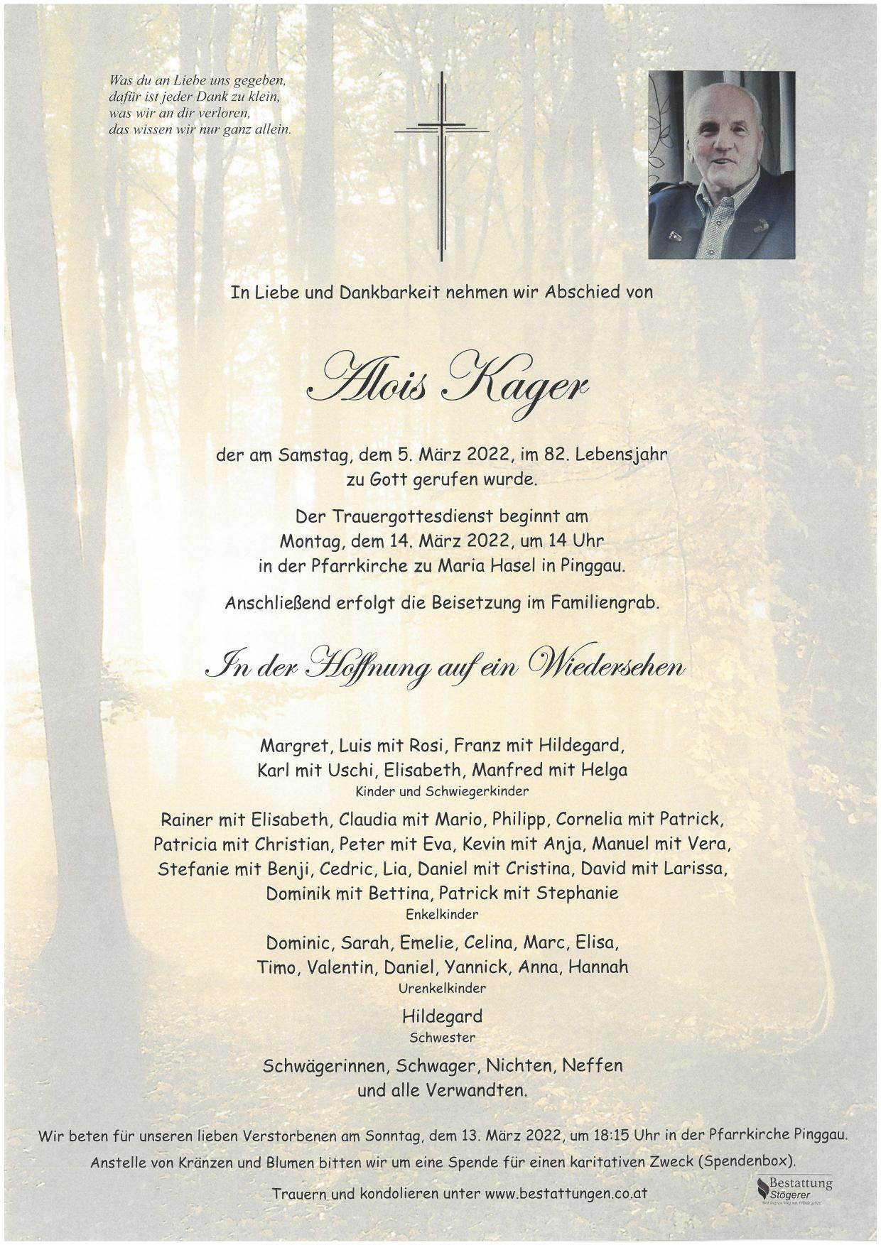 Traueranzeige von Alois Kager