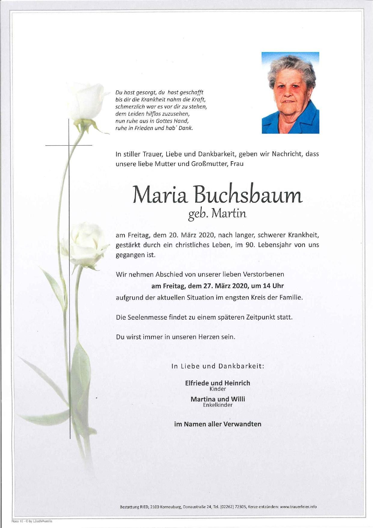 Traueranzeige von Maria Buchsbaum