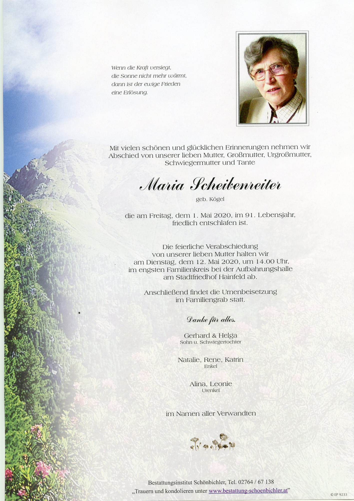 Traueranzeige von Maria Scheibenreiter