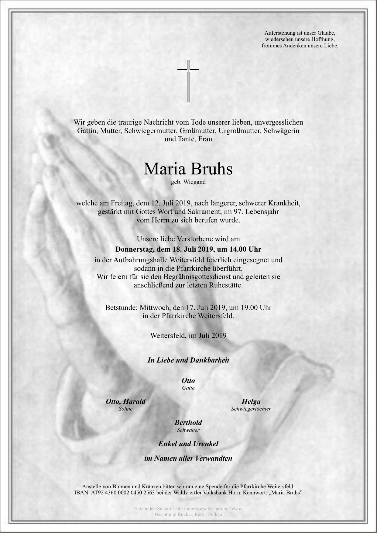 Traueranzeige von Maria Bruhs