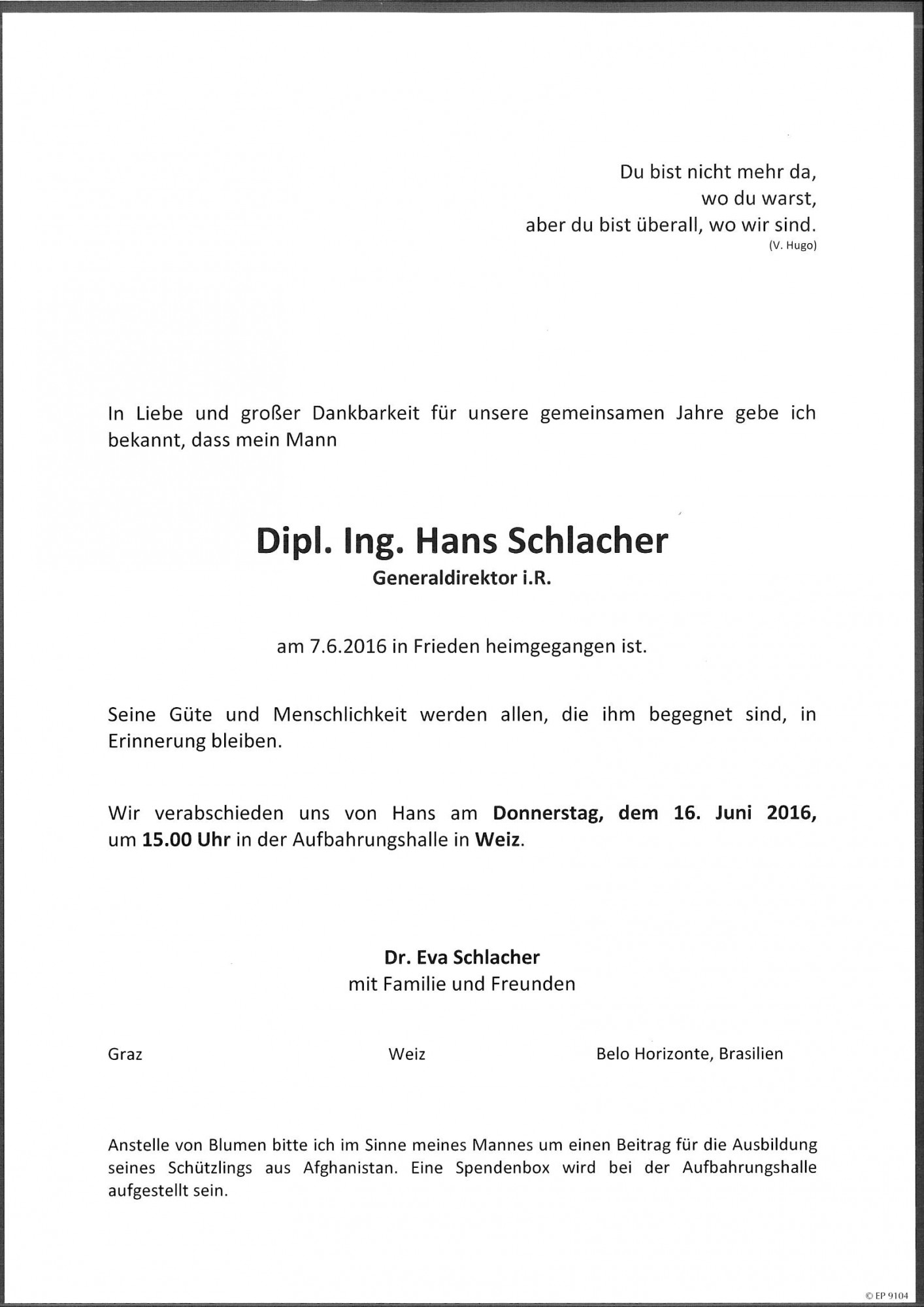 Traueranzeige von Dipl. Ing. Johann Schlacher