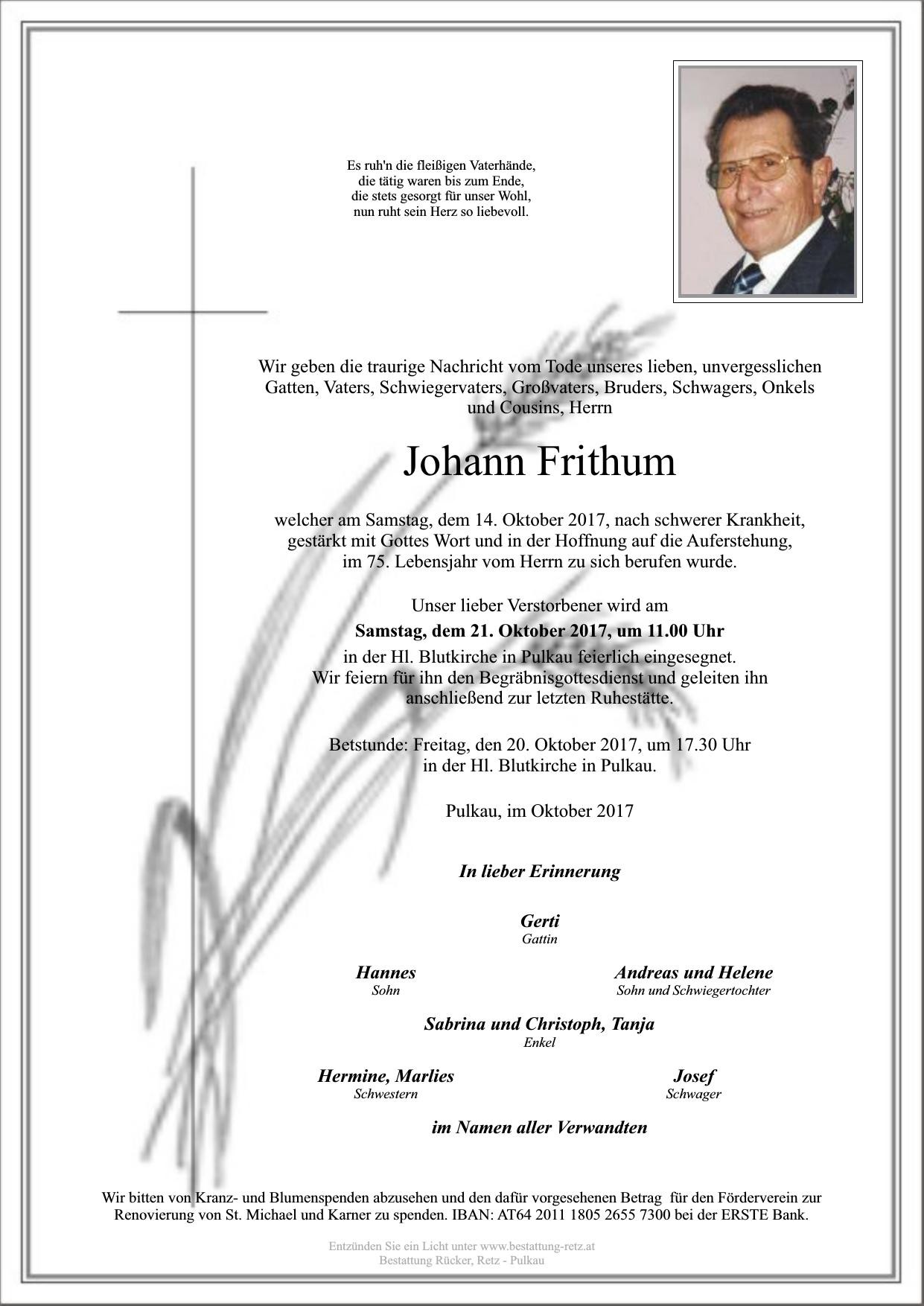 Traueranzeige von Johann Frithum