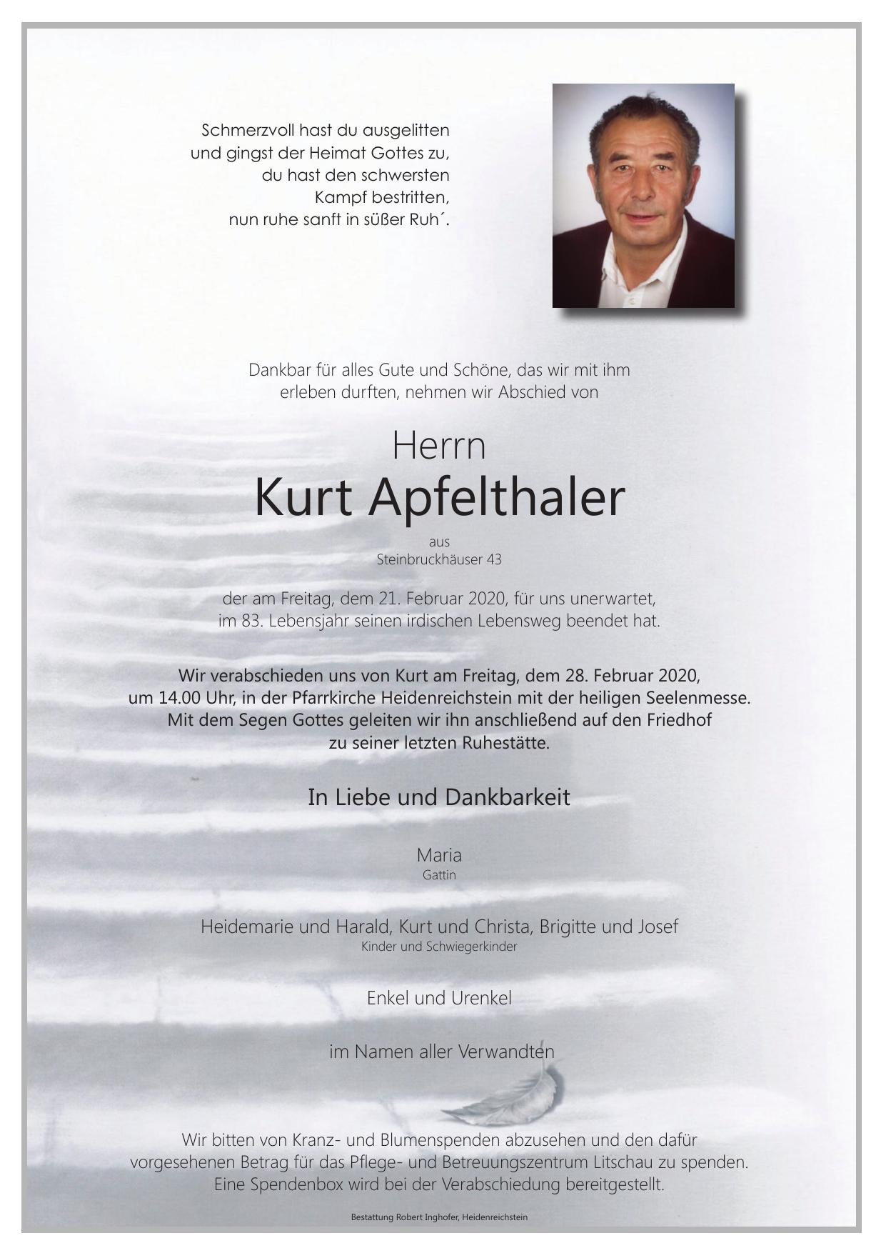 Traueranzeige von Kurt Apfelthaler