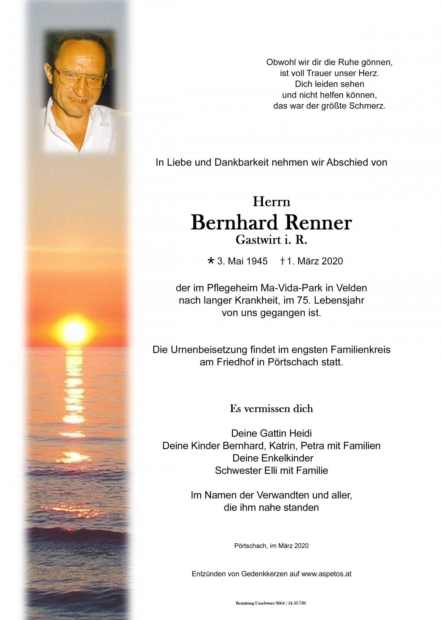 Traueranzeige von Bernhard Renner