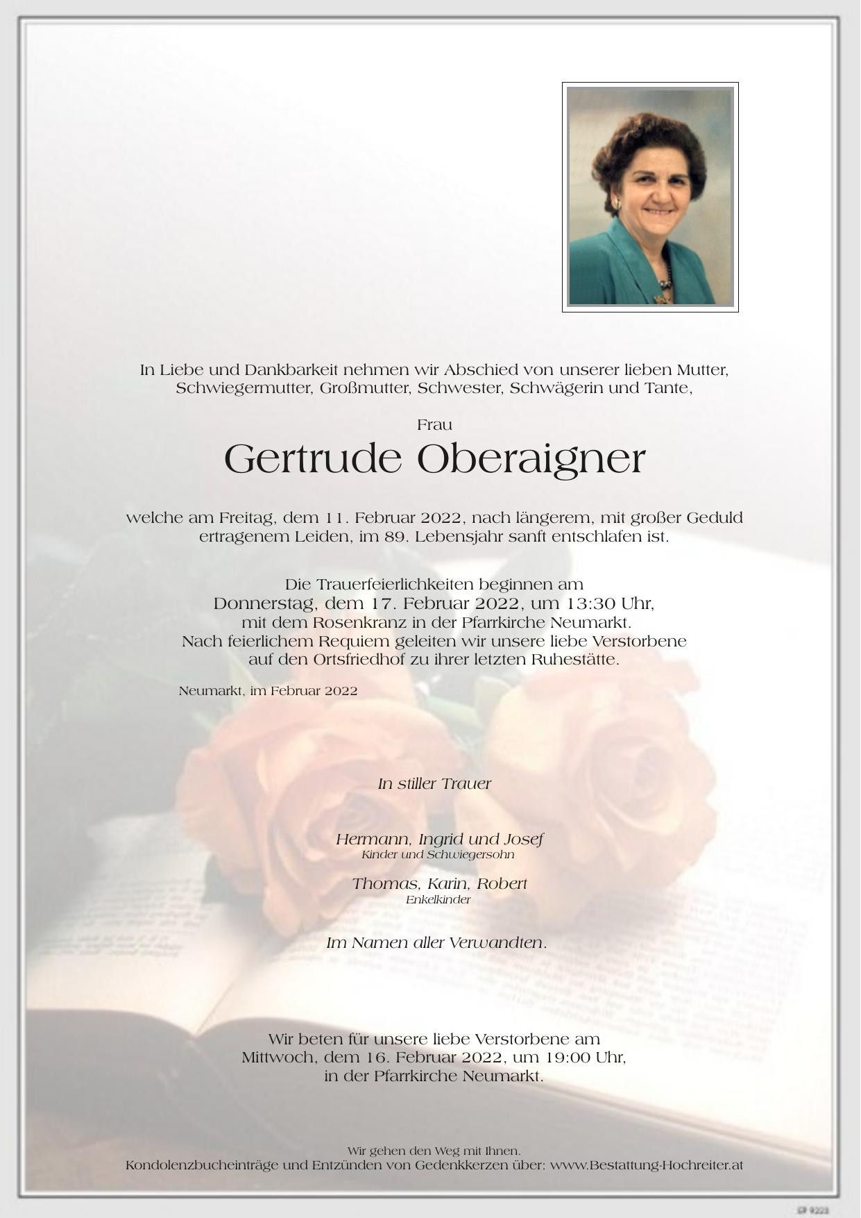 Traueranzeige von Gertrude Oberaigner