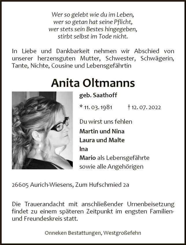 Traueranzeige von Anita Oltmanns