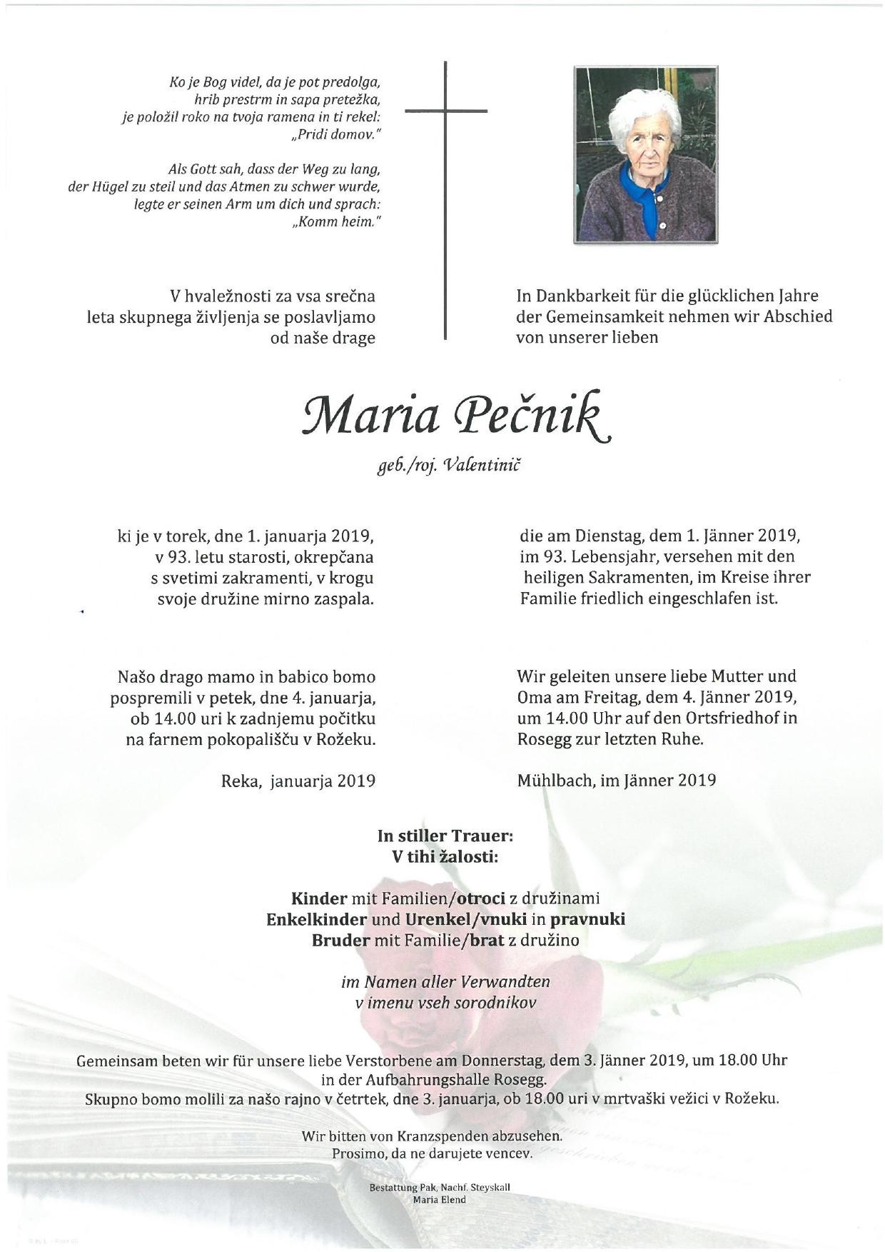 Traueranzeige von Maria Pecnik