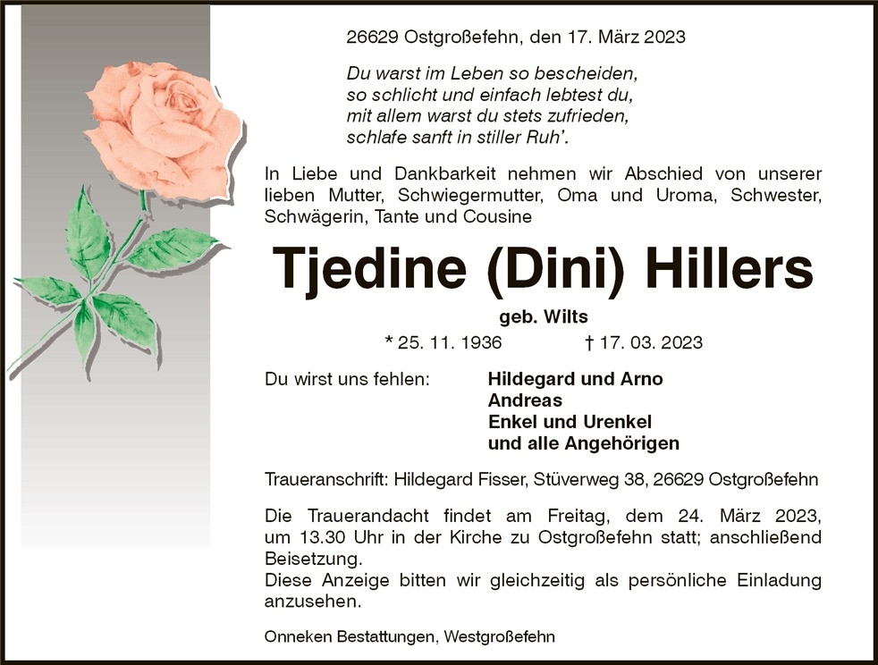 Traueranzeige von Tjedine Hillers