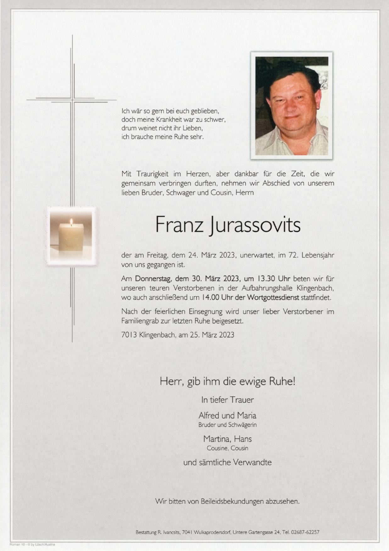 Traueranzeige von Franz Jurassovits